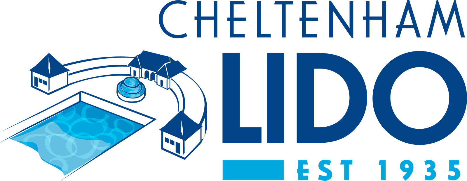 Logo of Cheltenham Lido, featuring geometric representations of buildings, a swimming pool, and a fountain, with text "Cheltenham Lido Est 1935" in shades of blue.