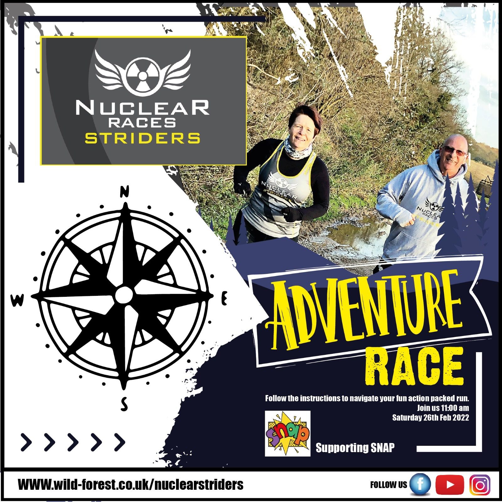 A promotional poster for the "Nuclear Races Striders Adventure Race" featuring two runners on a trail, a compass graphic, and event details. Race date: February 26, 2022 at 10:00 AM. The event supports SNAP. Logos for website and social media are included.