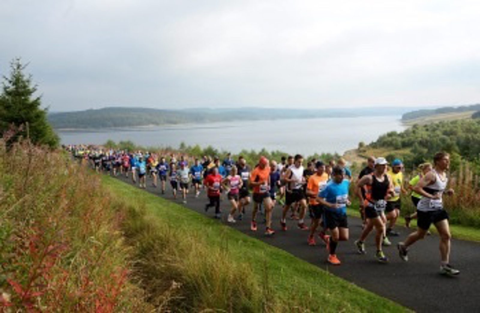 A large group of runners on a paved path participating in a marathon near a scenic lake surrounded by greenery and rolling hills under a cloudy sky. The runners are dressed in colorful athletic gear.