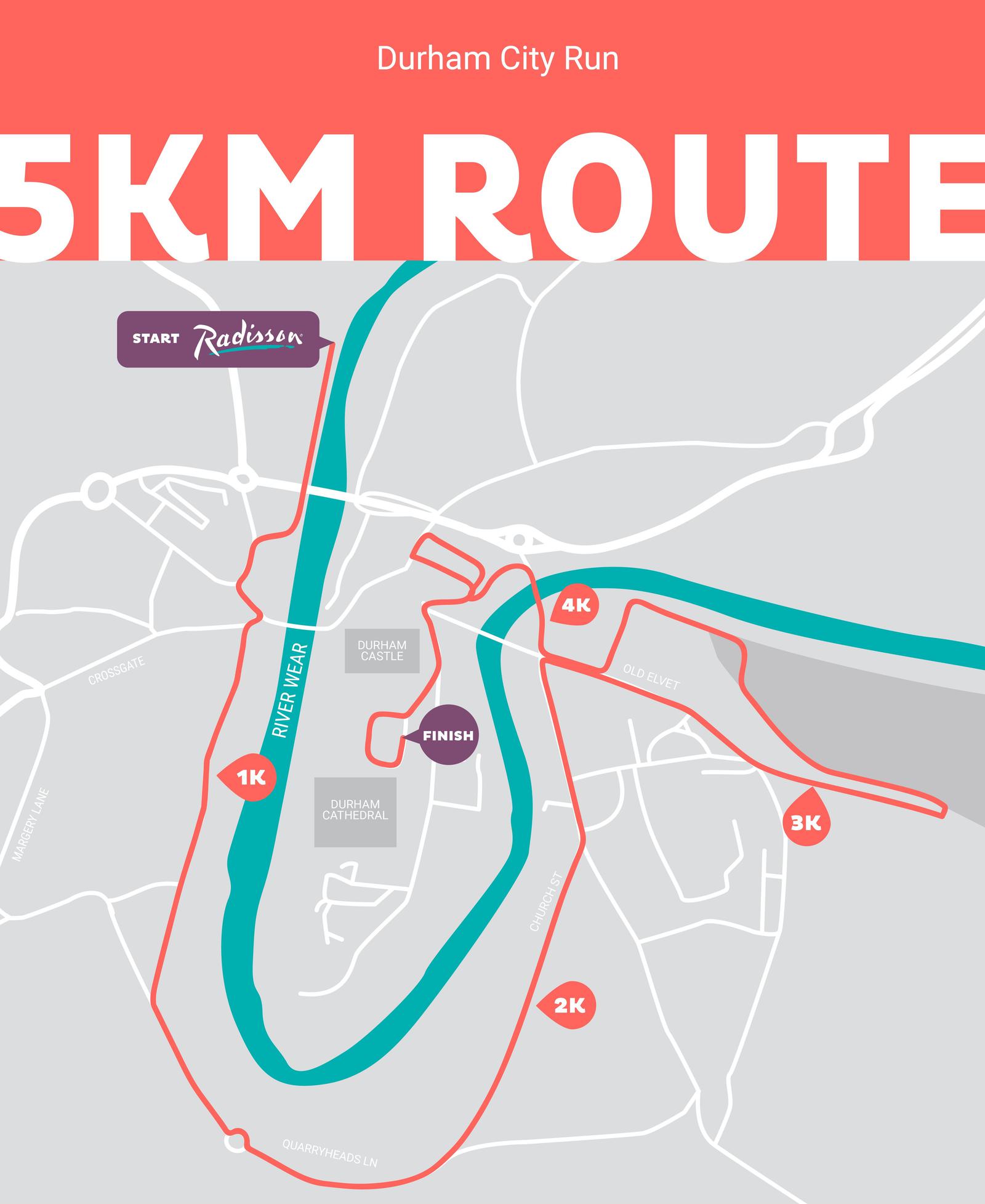 Map of the Durham City Run 5K route, showing start and finish points. The route highlights 1K, 2K, 3K, and 4K markers, with paths running near the river and landmarks like Durham Castle and Durham Cathedral.