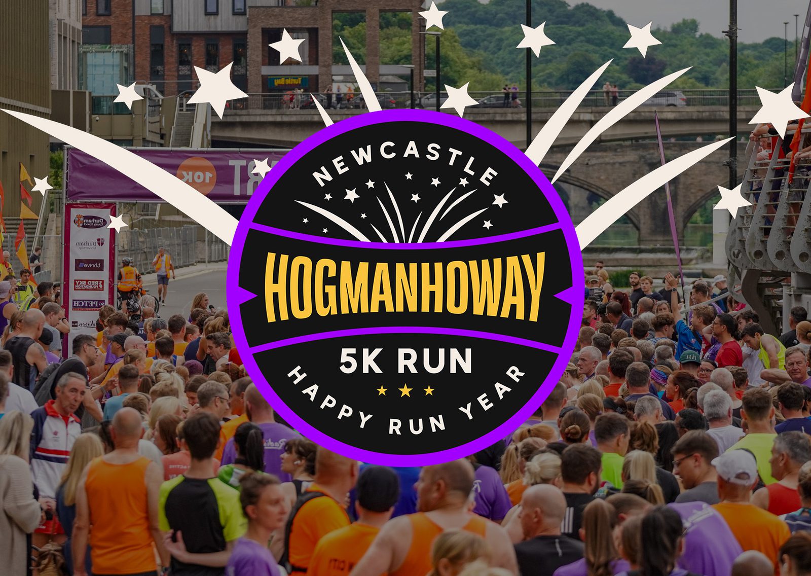 A large crowd gathers at the starting line of a 5K run event. Overlay text reads: "Newcastle Hogmanhoway 5K Run, Happy Run Year," with starburst graphics in the background.