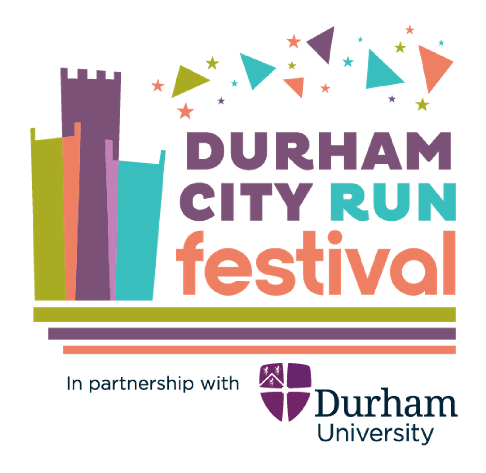 Logo for the Durham City Run Festival. Features colorful geometric shapes, a stylized castle tower, and the text "Durham City Run Festival" in bold. Below is "In partnership with Durham University," accompanied by the university's logo.
