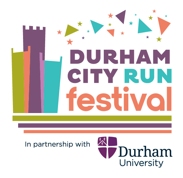 Logo for the Durham City Run Festival. Features colorful geometric shapes, a stylized castle tower, and the text "Durham City Run Festival" in bold. Below is "In partnership with Durham University," accompanied by the university's logo.