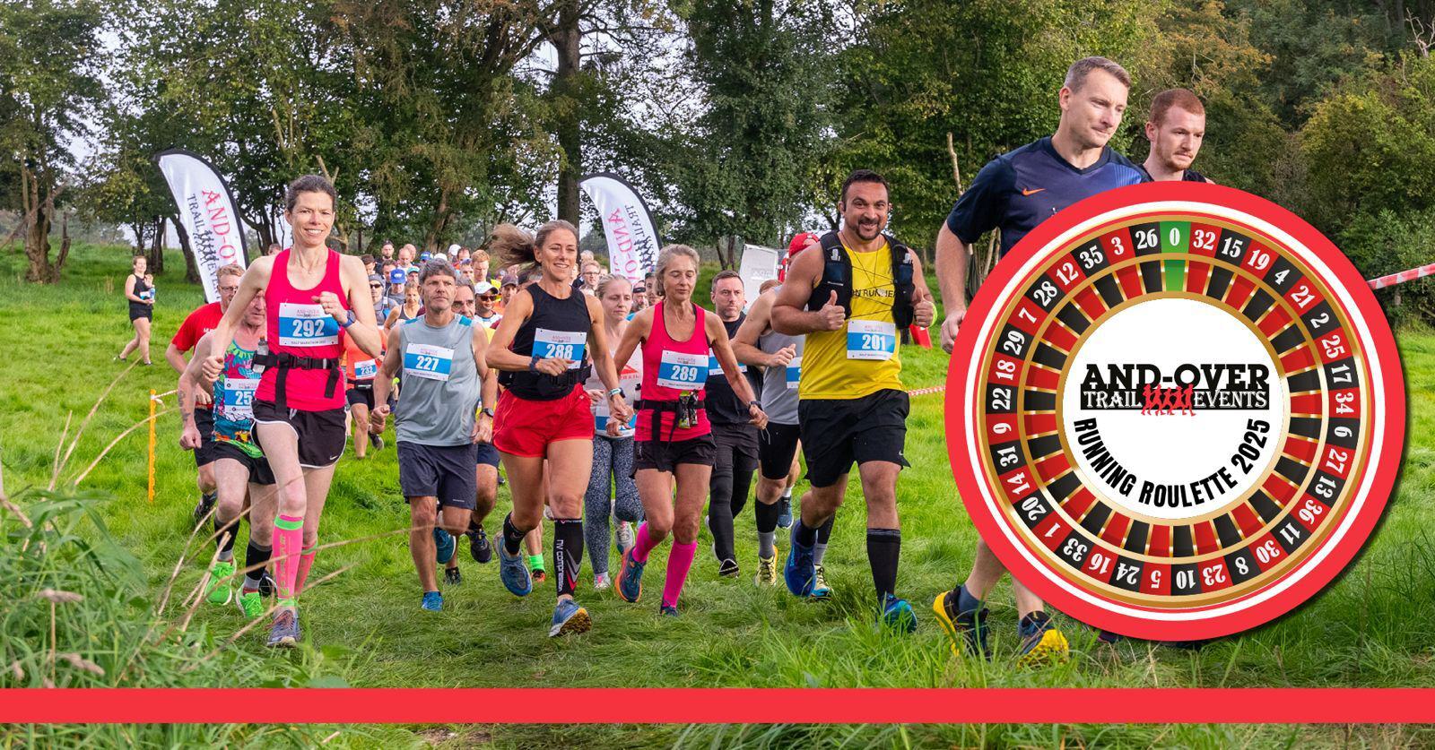 A group of runners participating in the Andover Trail Events 2023, Running Roulette. They are on a grassy path surrounded by trees. A roulette graphic with the event logo is on the right side of the image.