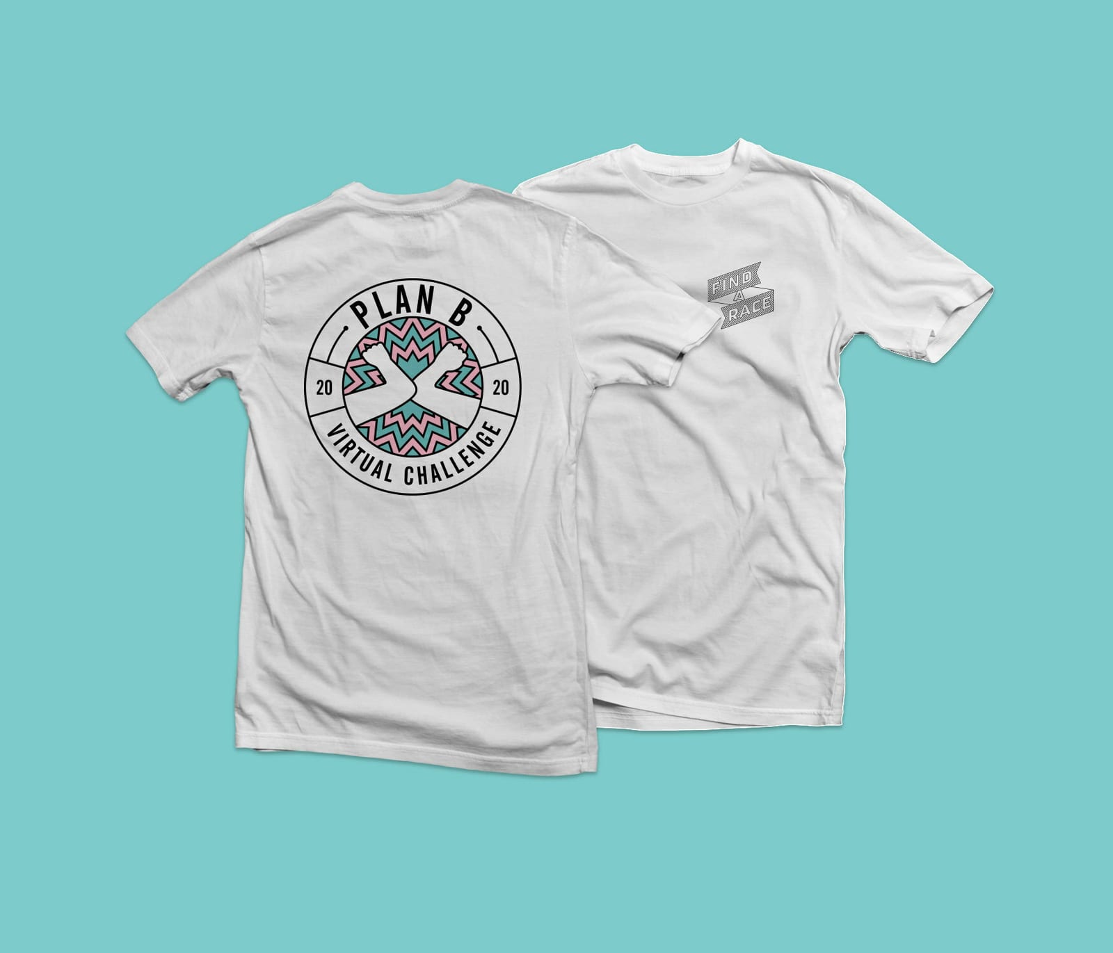 Two white t-shirts are shown against a teal background. The front of one t-shirt has a small "Find a Race" logo on the upper left side. The back of the other t-shirt displays a larger circular logo with "Plan B Virtual Challenge 2020" around a geometric bird design.