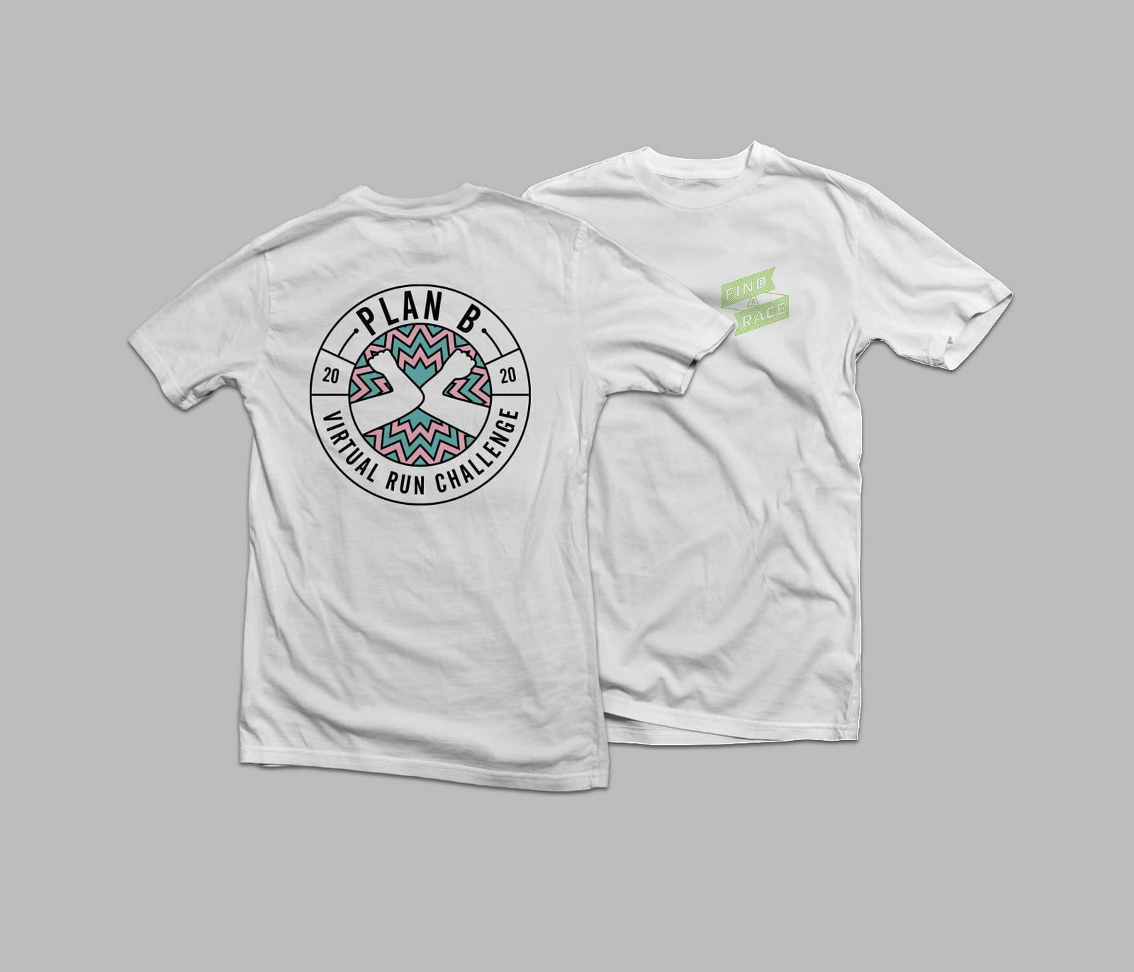 Two white T-shirts are displayed against a plain gray background. The front of the left T-shirt is facing backward, displaying a large, circular "Plan B Virtual Run Challenge 2020" graphic. The front of the right T-shirt is visible with a small "Finisher Badge" text.