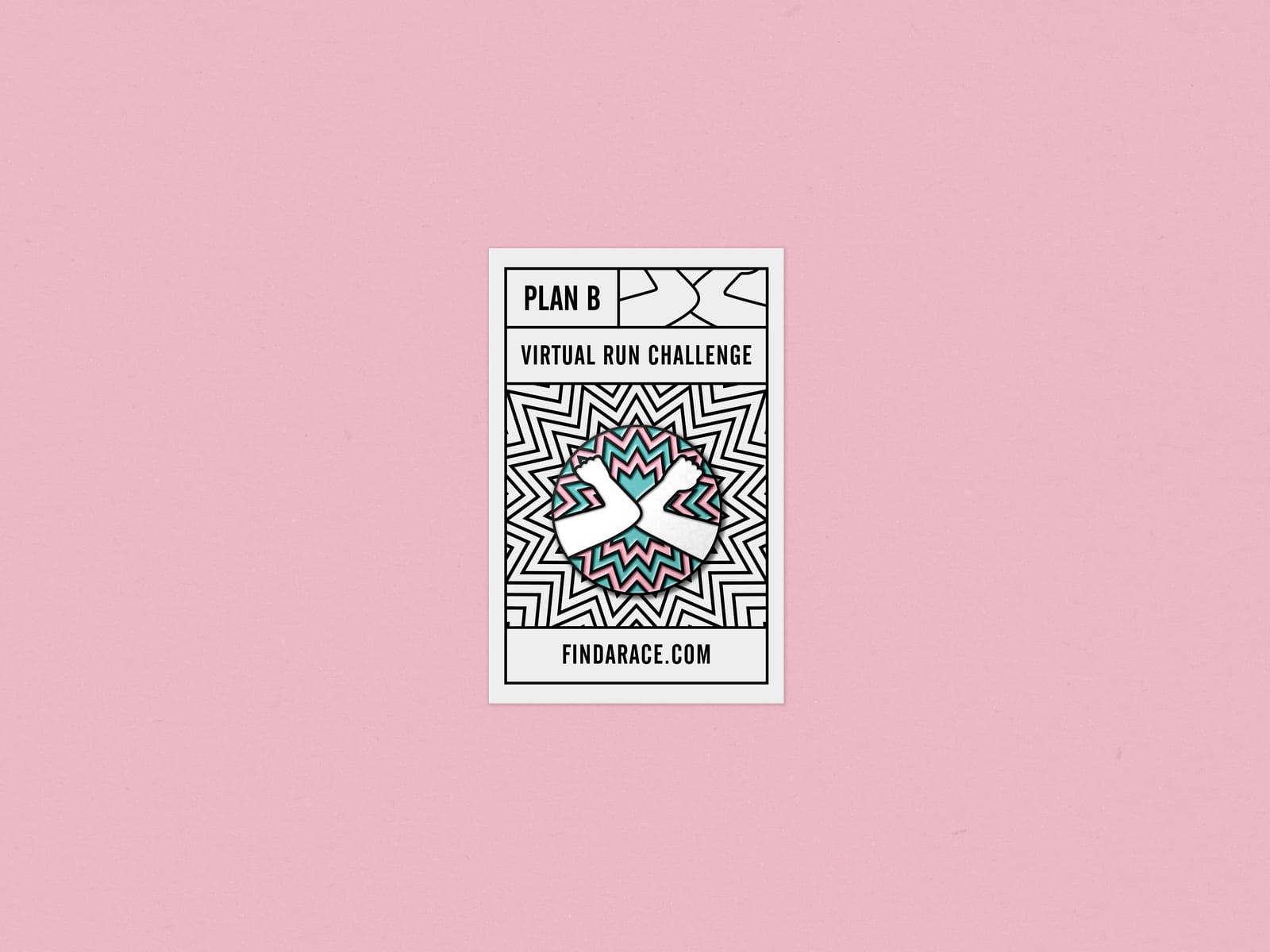 A promotional card with a pink background advertises the "Plan B Virtual Run Challenge" from Findarace.com. The card features a bold, intricate, geometric design in black and white, with a hint of pink and blue accents in the center.