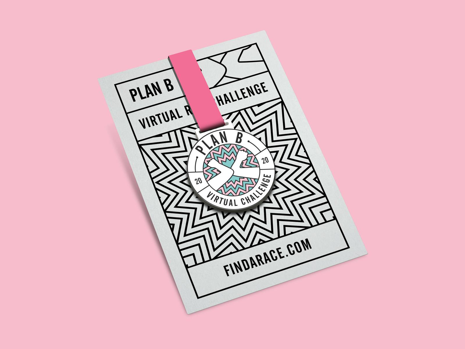 A flyer for "Plan B Virtual Challenge" against a pink background. The flyer features a geometric pattern in the center with the event's logo, and a website URL at the bottom: "findarace.com." The flyer is held by a pink paperclip at the top.