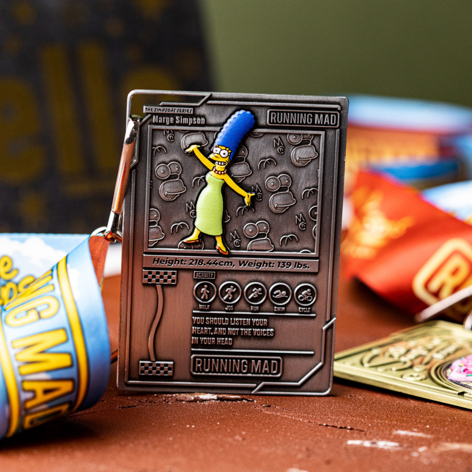 A close-up of a collectible card featuring a cartoon character with blue hair. The card includes text detailing the character's name, height, and weight, framed by decorative elements. Bright colors in the background suggest a lively setting.