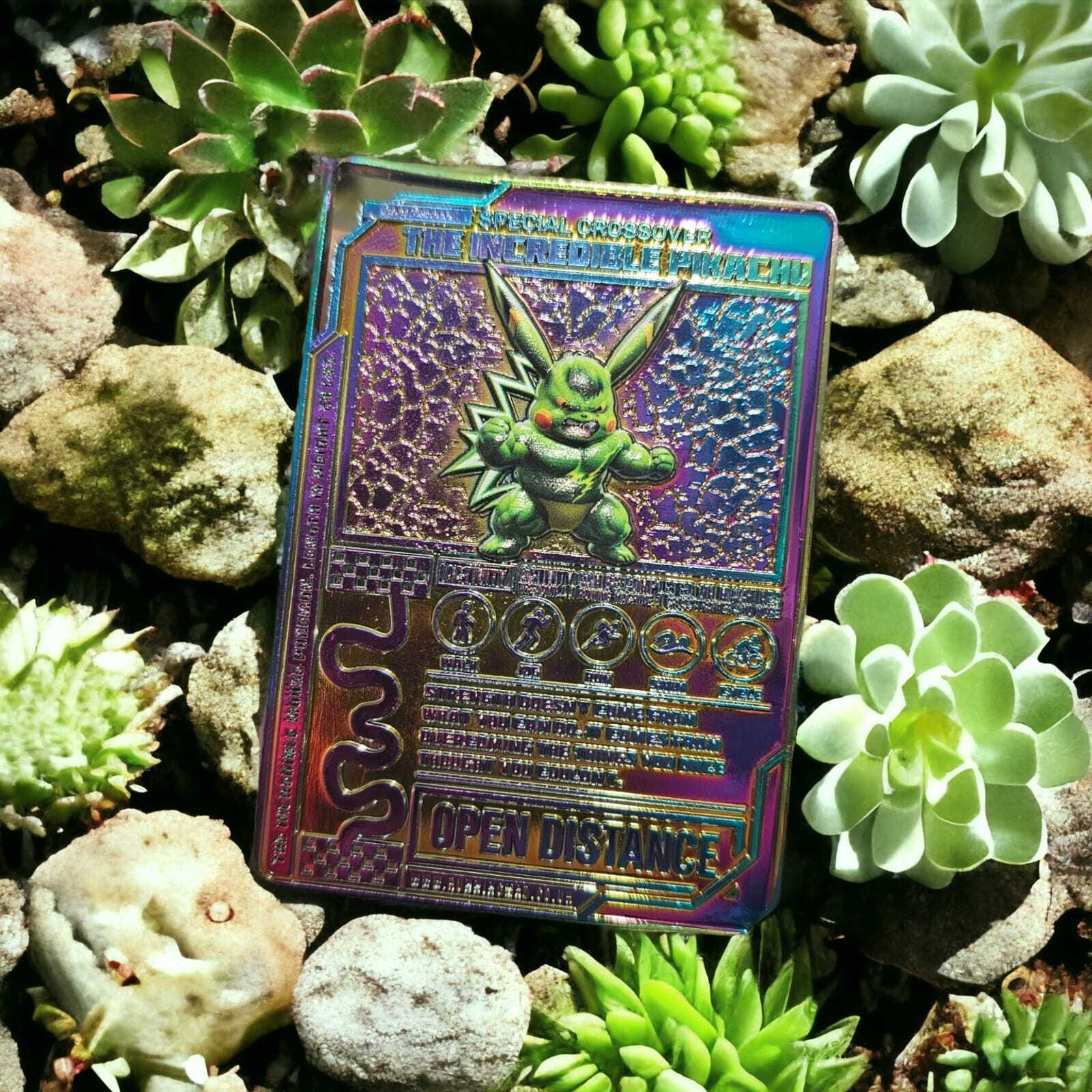 A colorful, holographic collectible card featuring a dragon-like character with lightning ears is placed among succulents and rocks. The card displays various stats and the words "Open Distance.