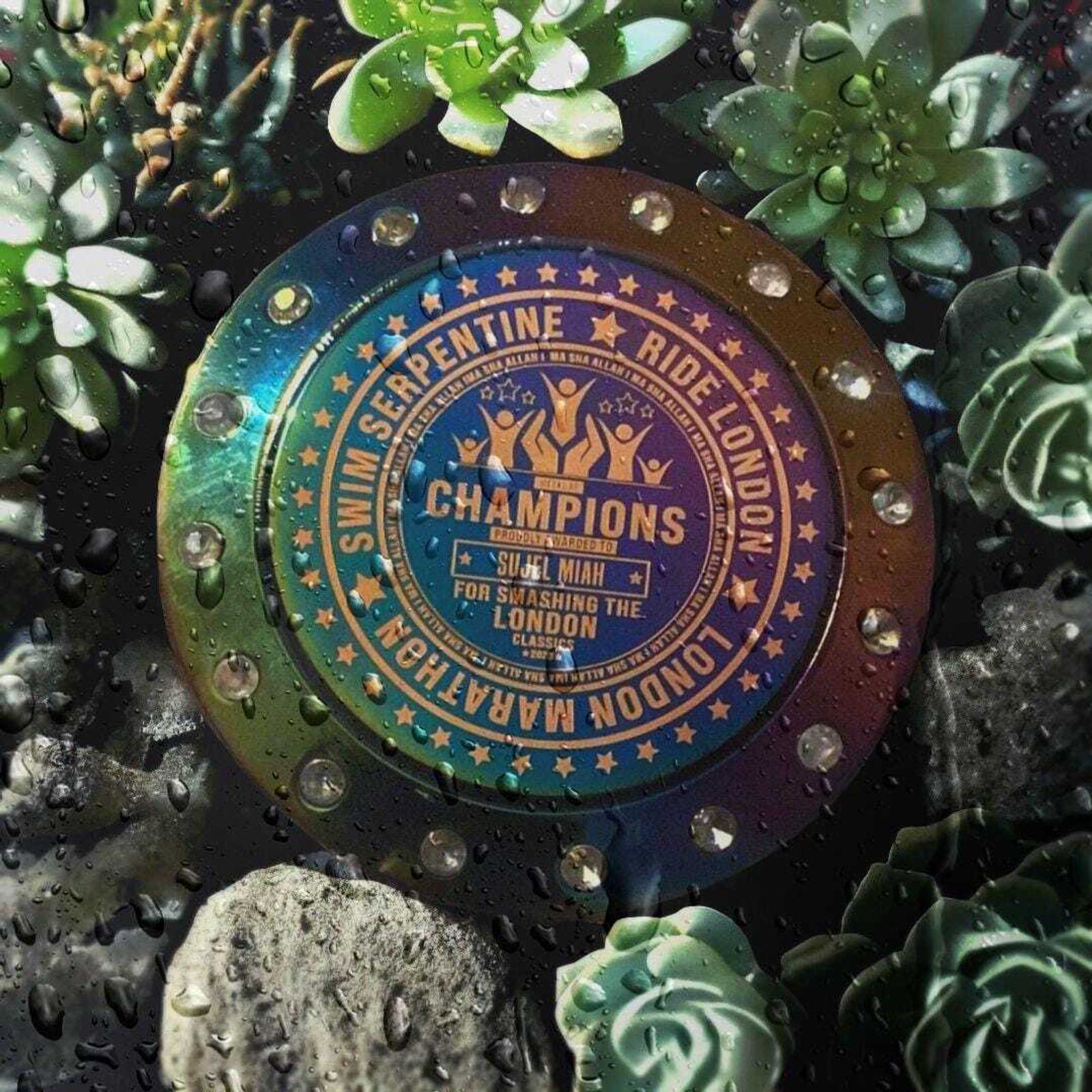 A colorful medal surrounded by green succulents and wet stones. The medal reads, "Champions" and mentions events like the London Marathon and Swim Serpentine, with the name "Suli Mani.