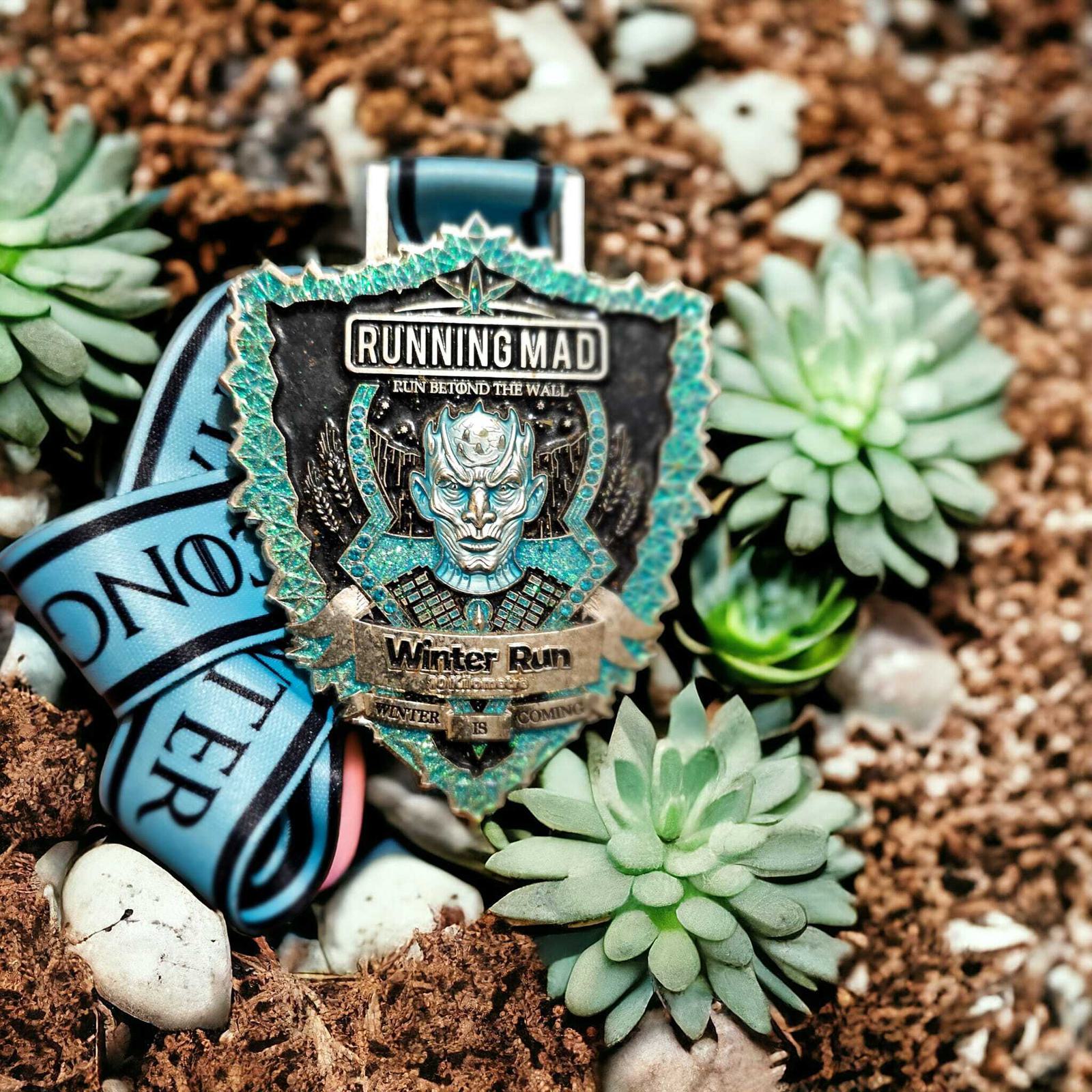 A medal from the Running Mad Winter Run, featuring a fantasy-themed design, is displayed among succulents and stones. The ribbon is partly visible, resting on the textured surface.