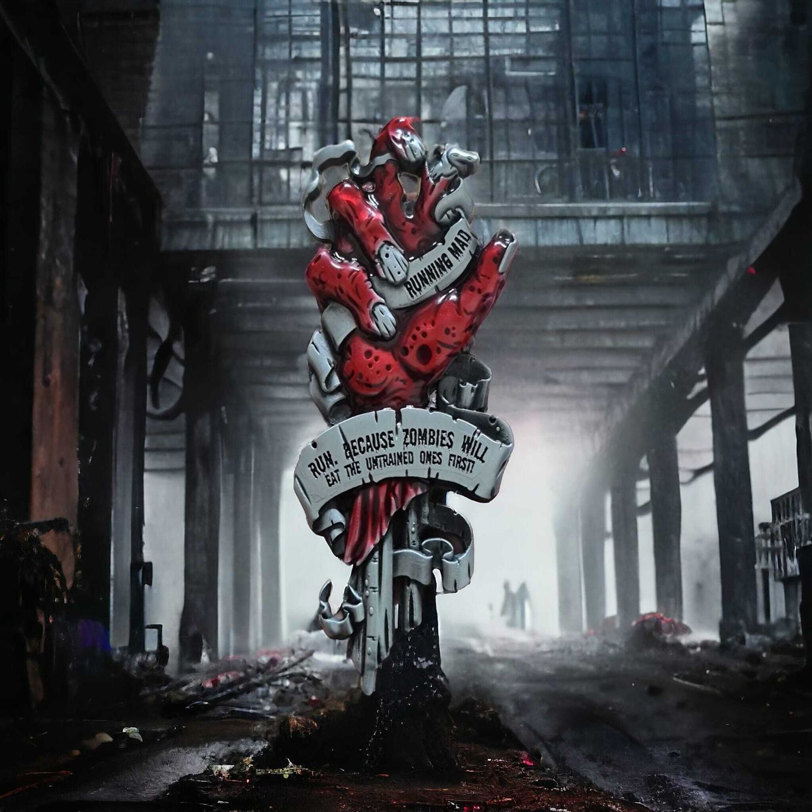 A post-apocalyptic scene with a worn sign featuring zombie-like hands and the message: "Run because zombies will eat the untrained ones first." The background shows a foggy, dilapidated industrial building with two silhouetted figures.