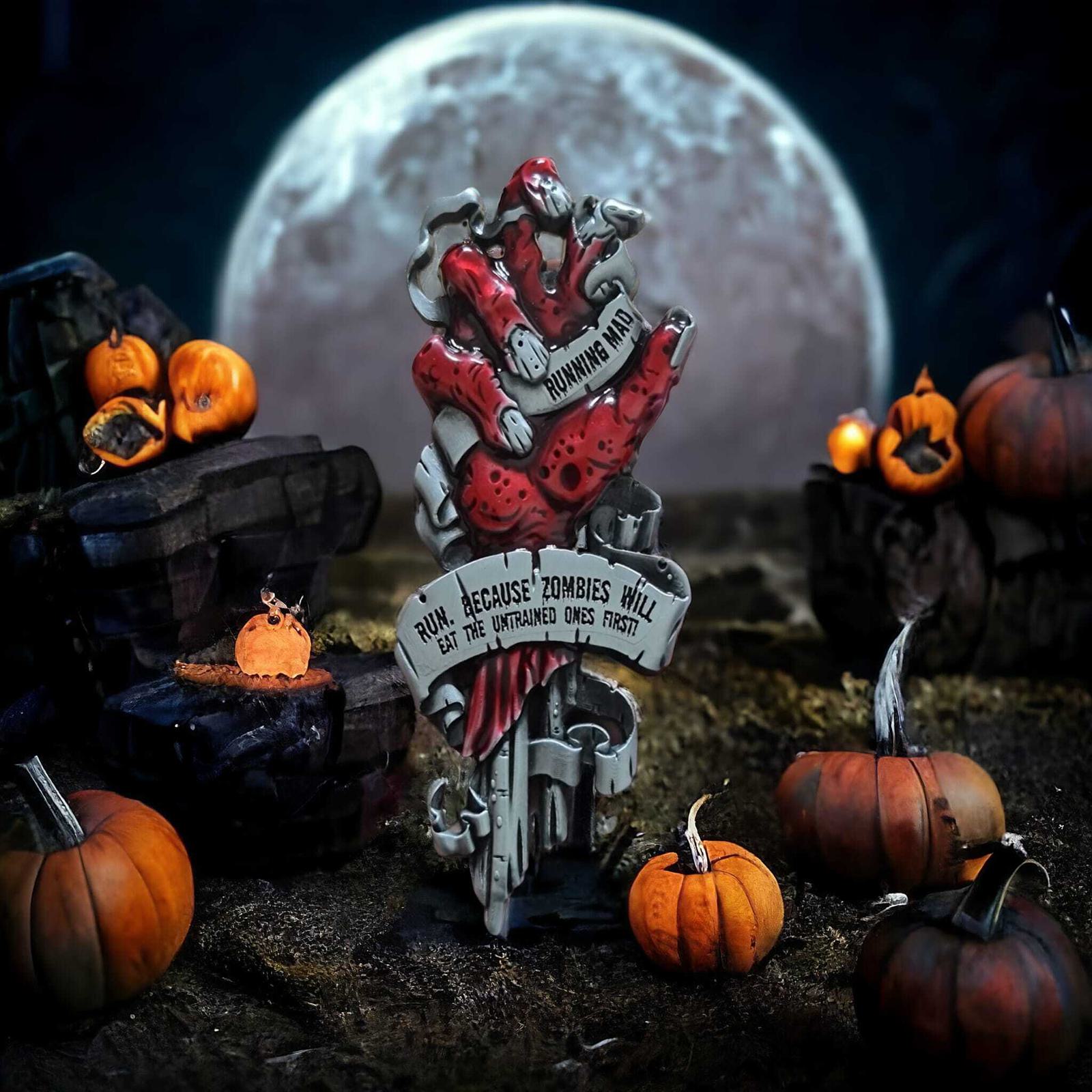 Halloween-themed scene with pumpkins, a werewolf figurine, and a full moon in the background. The sign reads, "Run, because Zombies will eat the untrained ones first!" The dark atmosphere is spooky and playful.