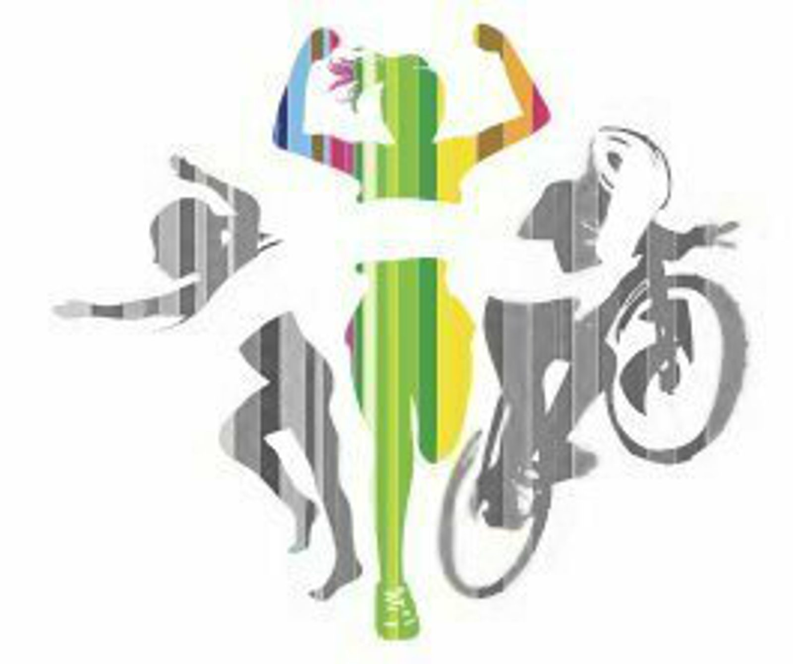 Silhouetted figures of a runner, cyclist, and swimmer in motion. Each silhouette is filled with colorful vertical stripes, symbolizing athleticism and triathlon sports.