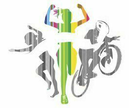 Silhouetted figures of a runner, cyclist, and swimmer in motion. Each silhouette is filled with colorful vertical stripes, symbolizing athleticism and triathlon sports.