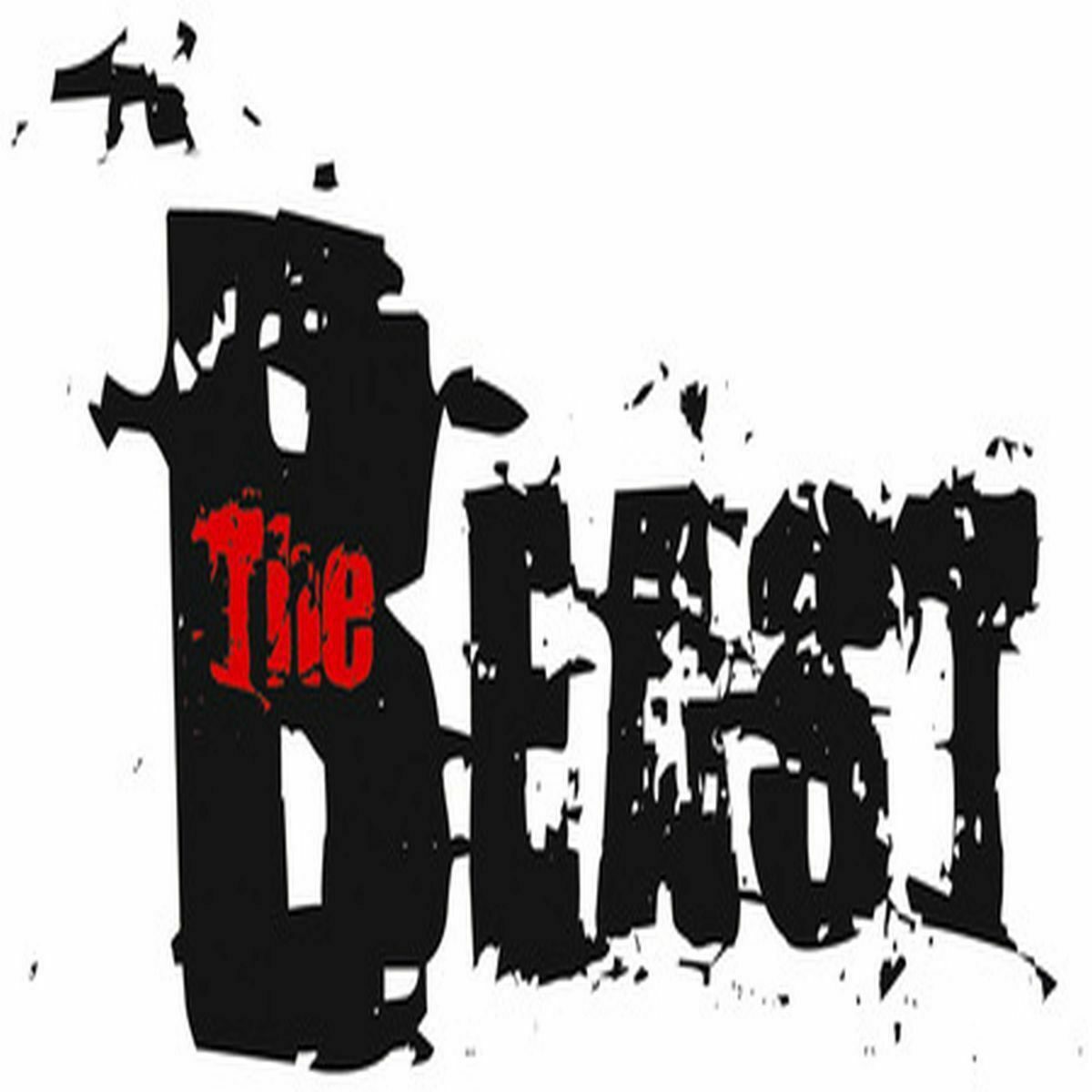 A stylized text logo that reads "The Beast" with "The" in red uppercase letters and "Beast" in black uppercase letters. The text is designed with a distressed, splattered effect, giving it a rough and grungy appearance. The background is white.