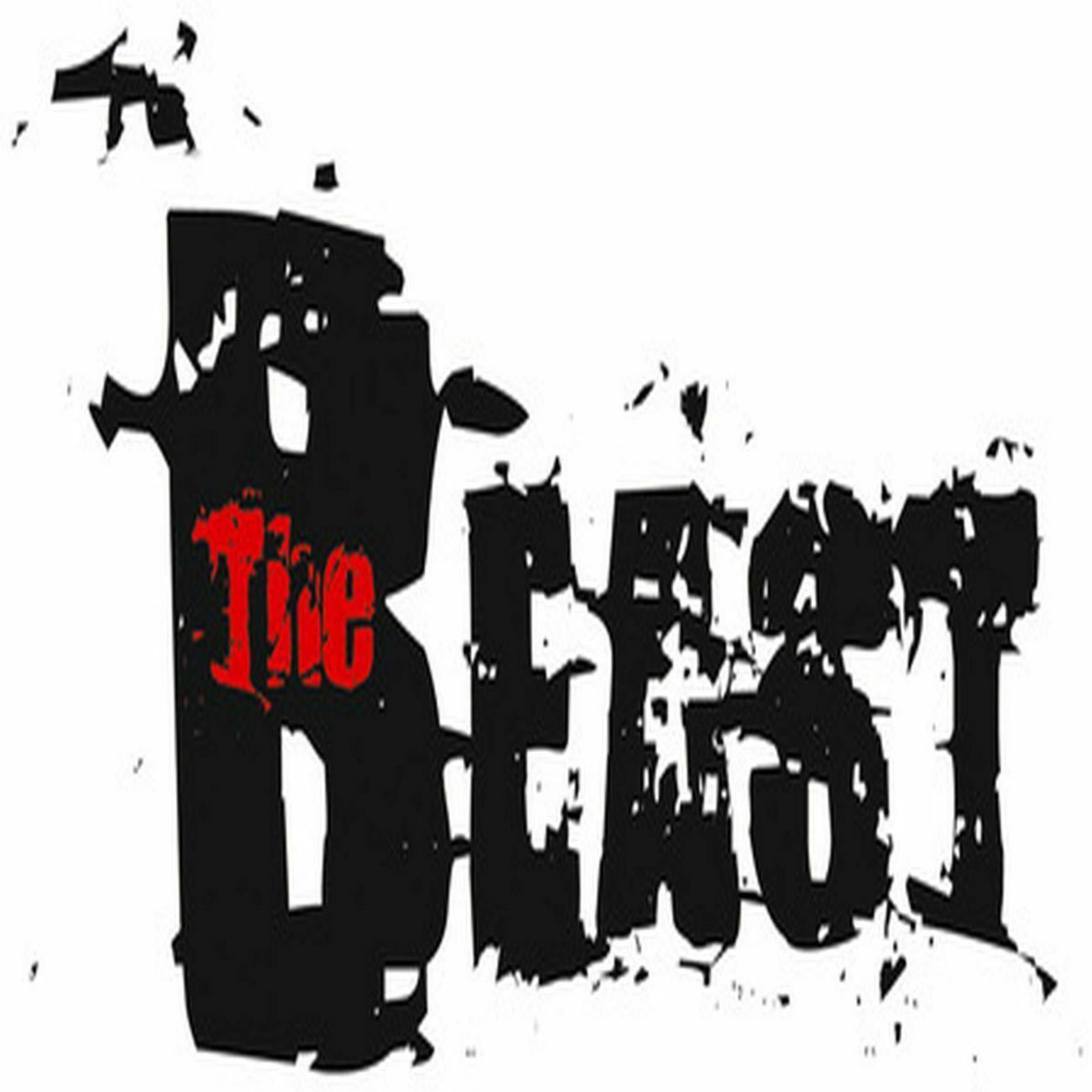 A stylized text logo that reads "The Beast" with "The" in red uppercase letters and "Beast" in black uppercase letters. The text is designed with a distressed, splattered effect, giving it a rough and grungy appearance. The background is white.
