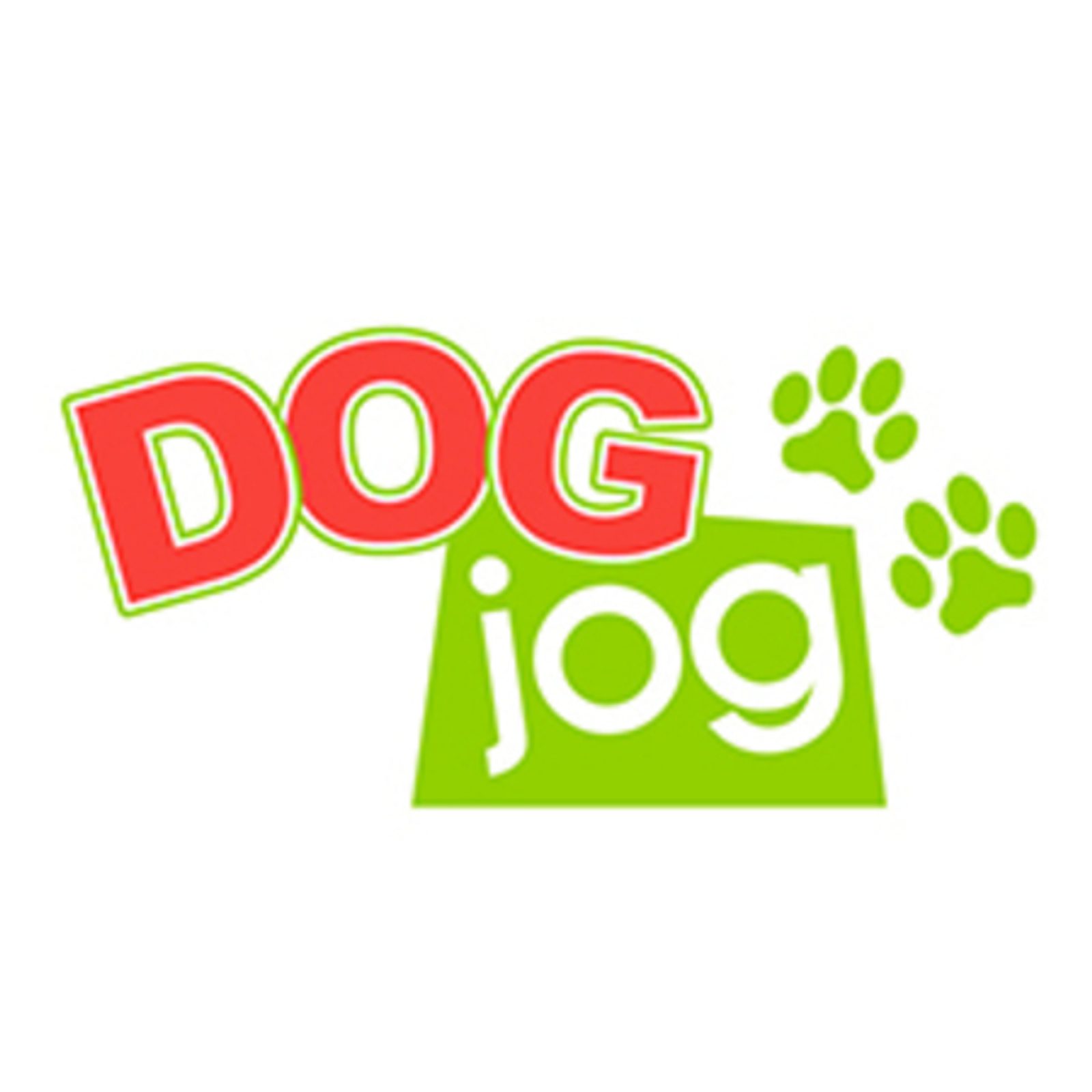 A logo with the text "DOG" in large, bold red letters and "jog" in smaller white letters on a green background. To the right, there are two green paw prints.