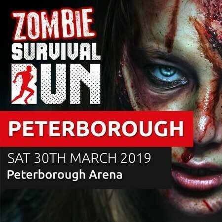A promotional poster for the "Zombie Survival Run" event in Peterborough on 30th March 2019 at Peterborough Arena. The background features a close-up of a person's face with zombie-like makeup, including blood and dark circles around the eyes.
