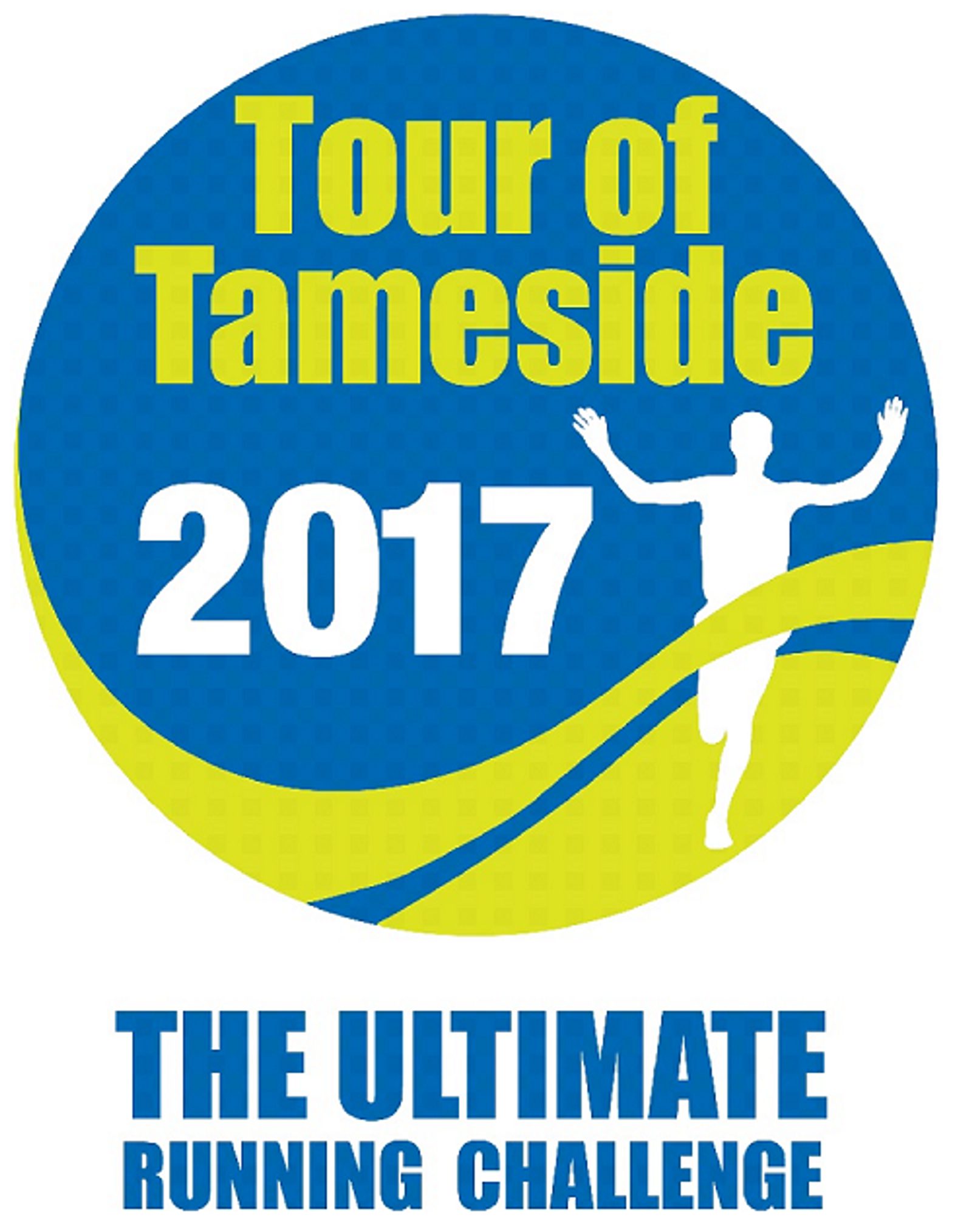 A circular logo in blue and green with the text "Tour of Tameside 2017" and "The Ultimate Running Challenge". A white silhouette of a runner with outstretched arms is positioned above a green wavy line.