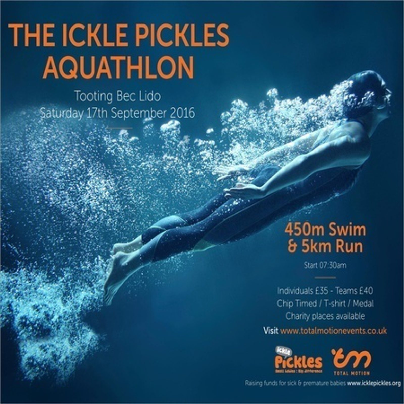 Poster for "The Ickle Pickles Aquathlon" at Tooting Bec Lido on Saturday, 17th September 2016. Event includes a 450m swim and 5km run. Start time: 7:30 am. Registration: £35 for individuals, £40 for teams. Info at totalmotionevents.co.uk.