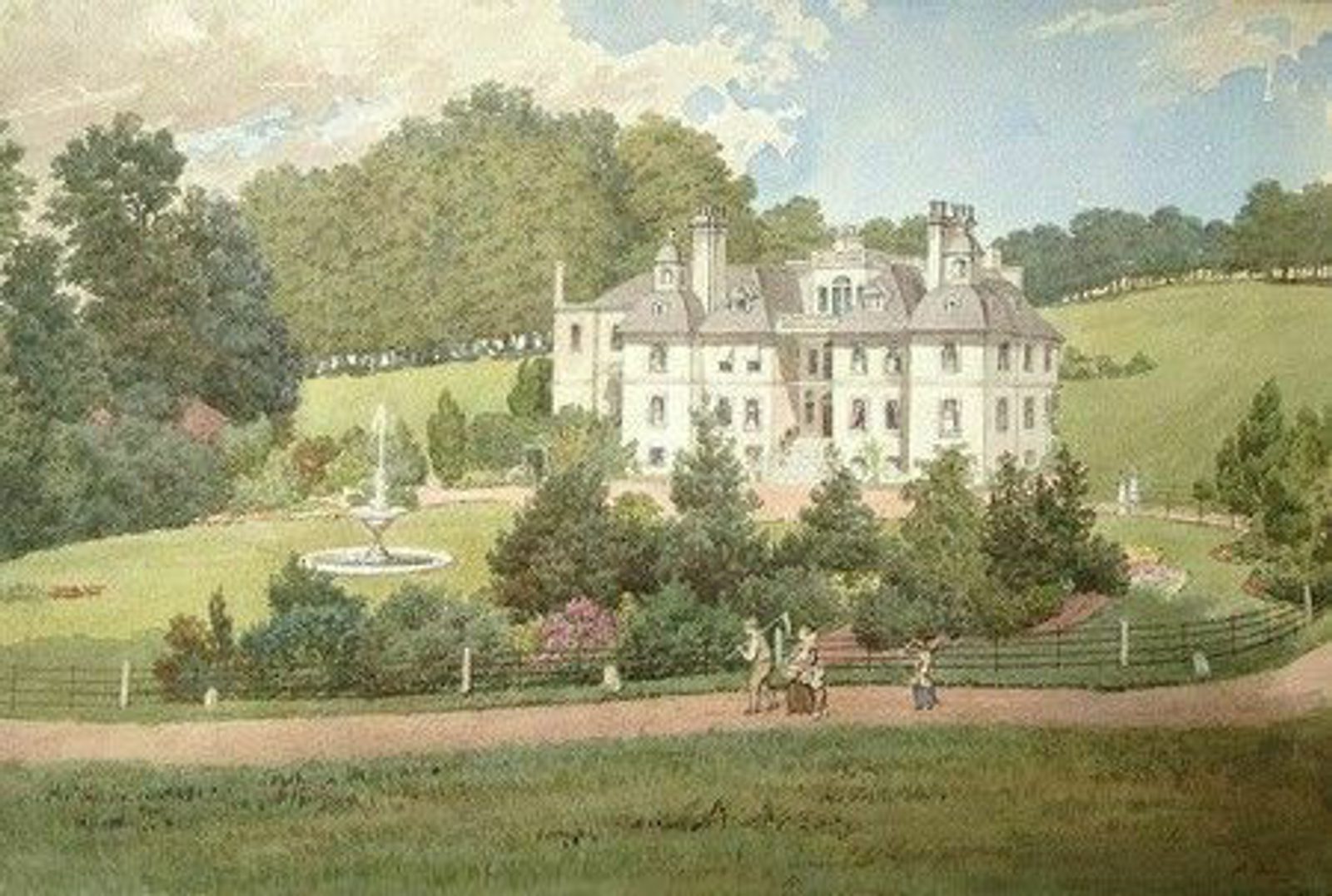 A picturesque scene featuring a grand, historic mansion surrounded by lush greenery and trees. In the foreground, a path with people walking along it. A fountain is visible in the garden, adding charm to the serene landscape under a partly cloudy sky.