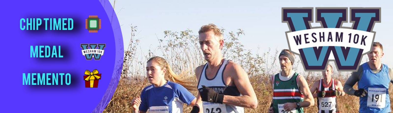 Runners participating in the Wesham 10K race, wearing race bibs and running on an outdoor trail. A banner on the left side displays "Chip Timed," "Medal," and "Memento" with corresponding icons. The Wesham 10K logo is prominent on the top right.