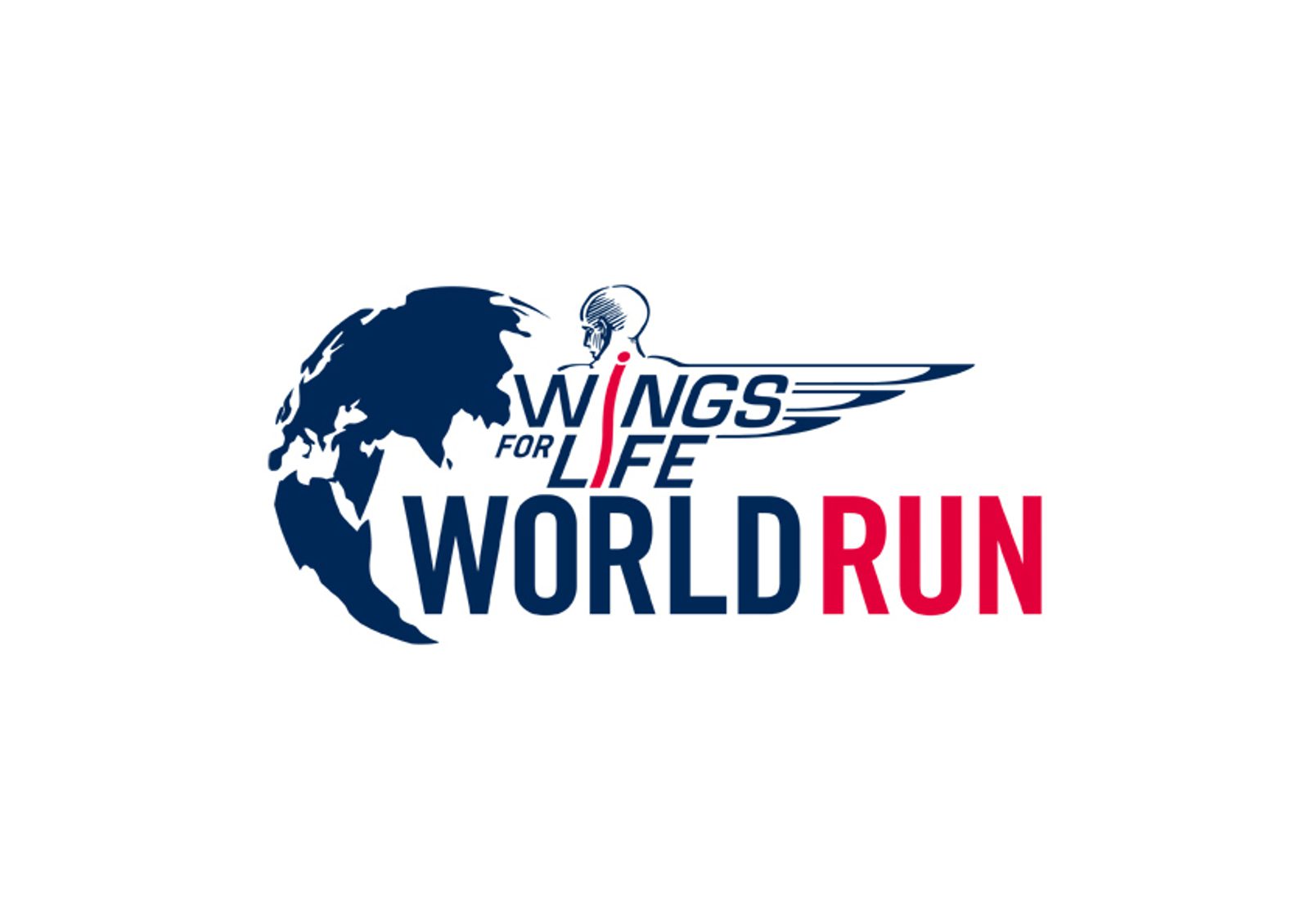 Logo for the "Wings for Life World Run." It features a stylized globe to the left, with a runner outlined in blue and red, accompanied by text partially forming a wing shape. The words "Wings for Life" are in blue and red, and "World Run" is in blue and red.