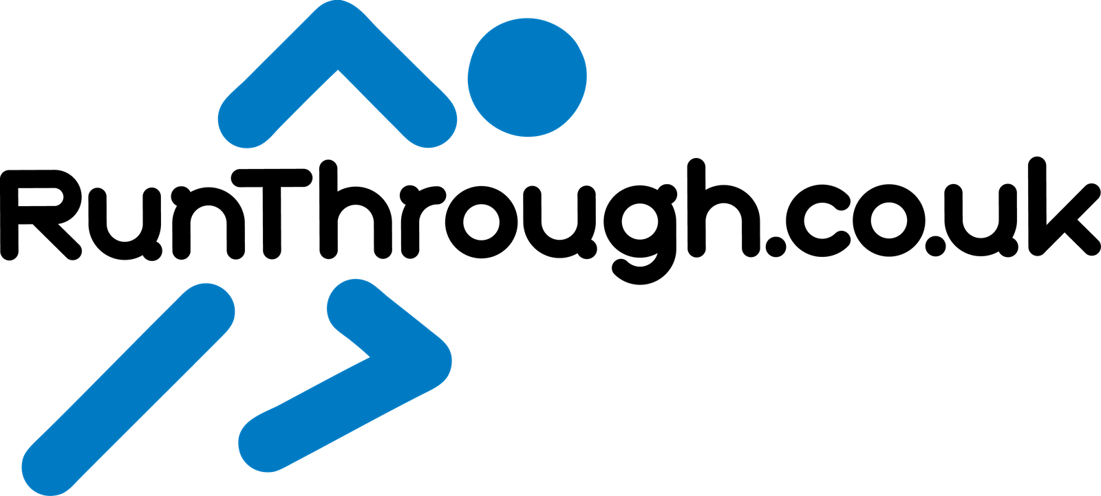 Logo for RunThrough.co.uk featuring stylized blue running figure to the left of the website name in black text. The figure consists of abstract shapes suggesting motion, with the head as a blue circle and body, arms, and legs represented by blue lines.