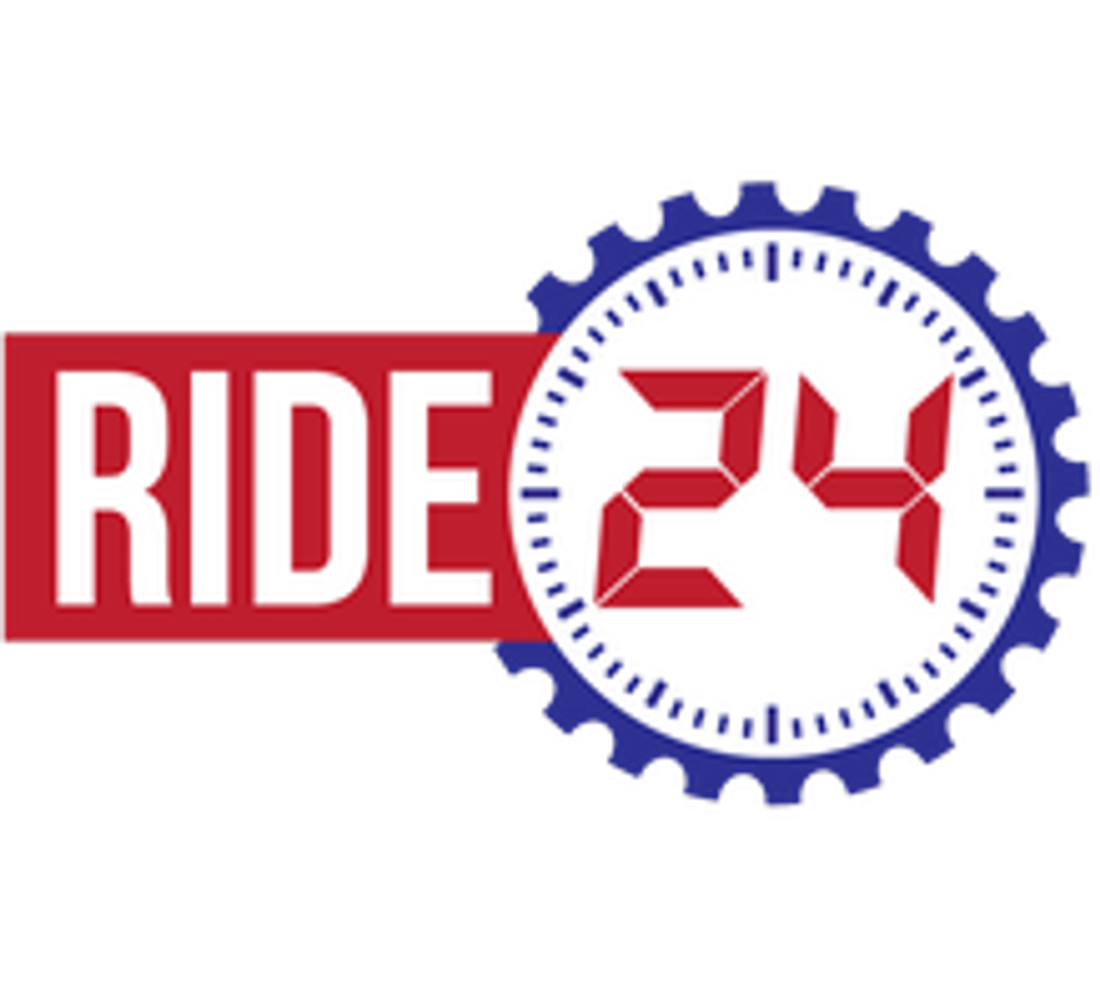 A logo on a gray background featuring the text "RIDE 24." The word "RIDE" is in bold red letters inside a red rectangle. The number "24" is in a digital clock style within a round, white clock face with blue gear-like edges.