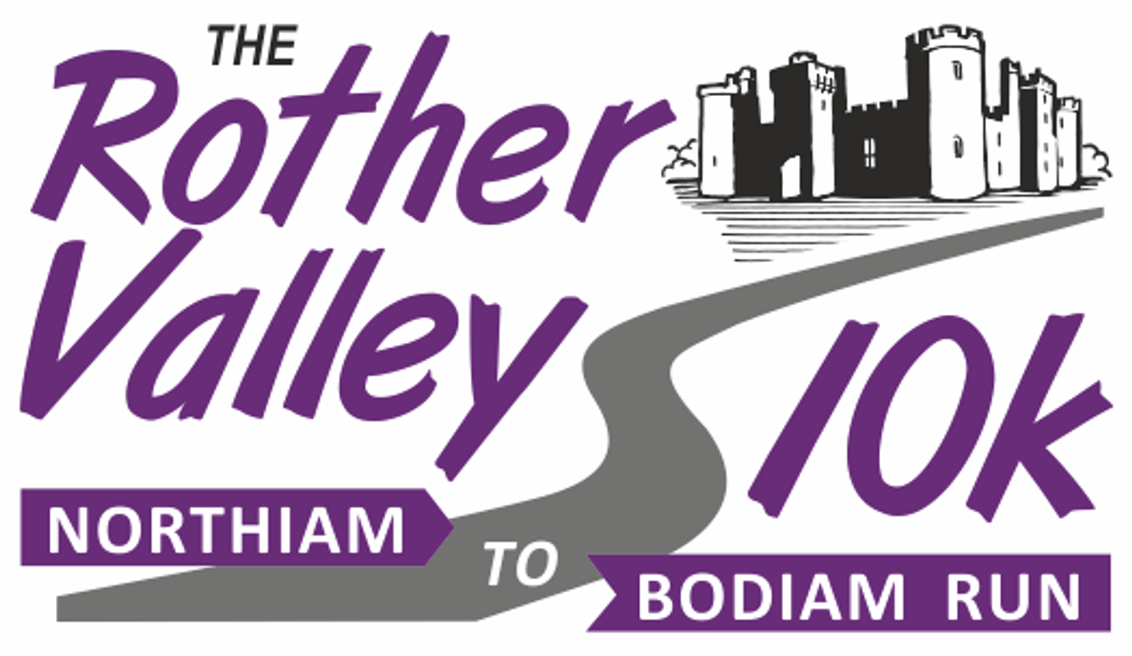 The image is a logo for the "Rother Valley 10K" run. It features a winding road leading to a castle, with text indicating the run goes from Northiam to Bodiam. The text is in purple and grey.