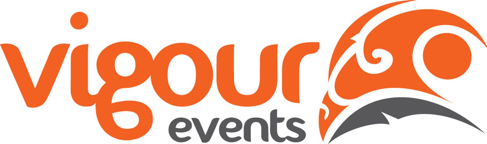 Logo for 'Vigour Events' featuring the organization's name. 'Vigour' is written in bold orange lowercase letters, while 'events' is in smaller, gray lowercase letters. On the right, there is an abstract orange and gray design resembling a stylized flame or wave.