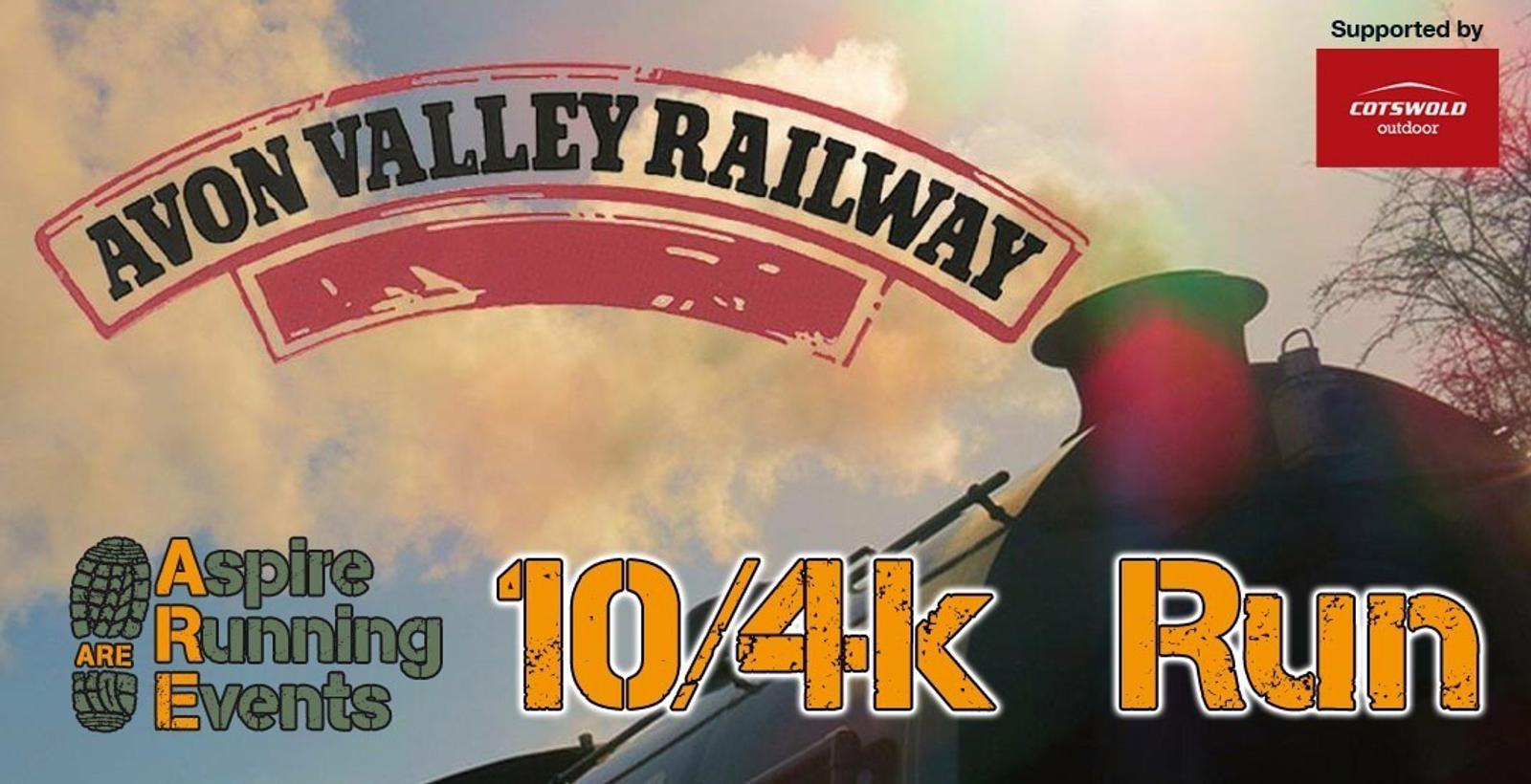 A promotional image for a running event by Aspire Running Events at Avon Valley Railway, featuring 10k and 4k runs. The background shows a steam train with smoke, and the event is supported by Cotswold Outdoor.