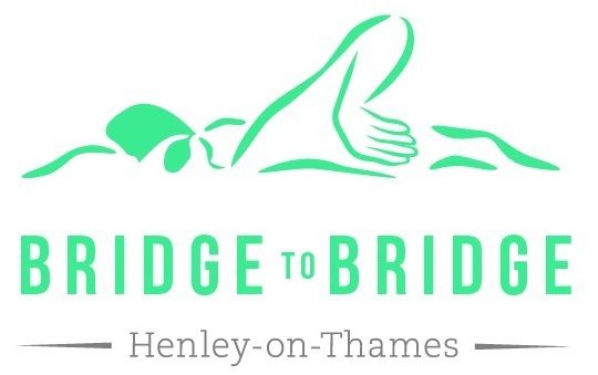 A minimalist graphic of a swimmer in green is above the words "BRIDGE TO BRIDGE" in bold letters, with "Henley-on-Thames" in a smaller font below, flanked by two horizontal grey lines.