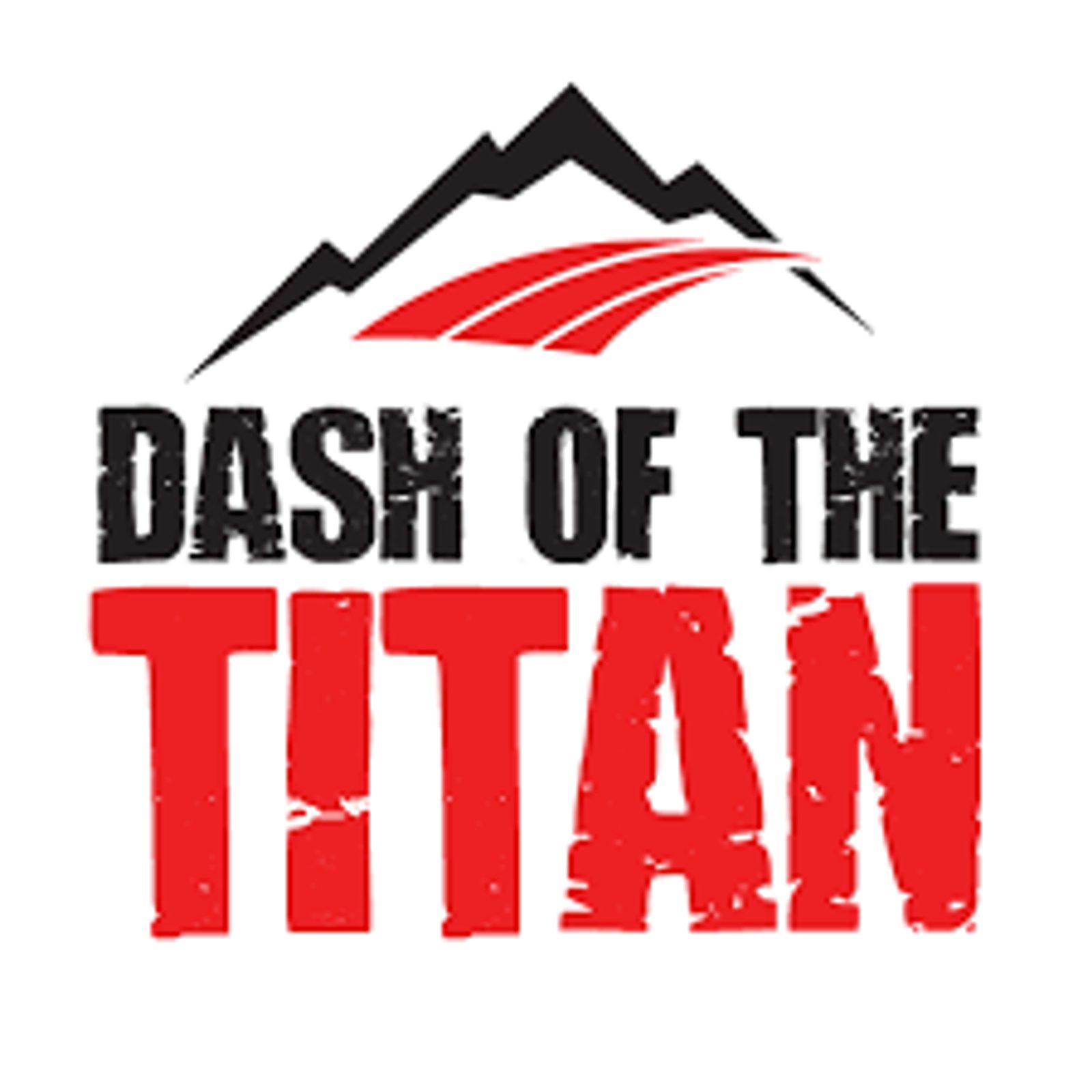 The image shows a logo with a mountain graphic on top and the text "DASH OF THE TITAN" below it. The word "DASH" is in black, and "TITAN" is larger and in red, with a rugged, distressed font style.