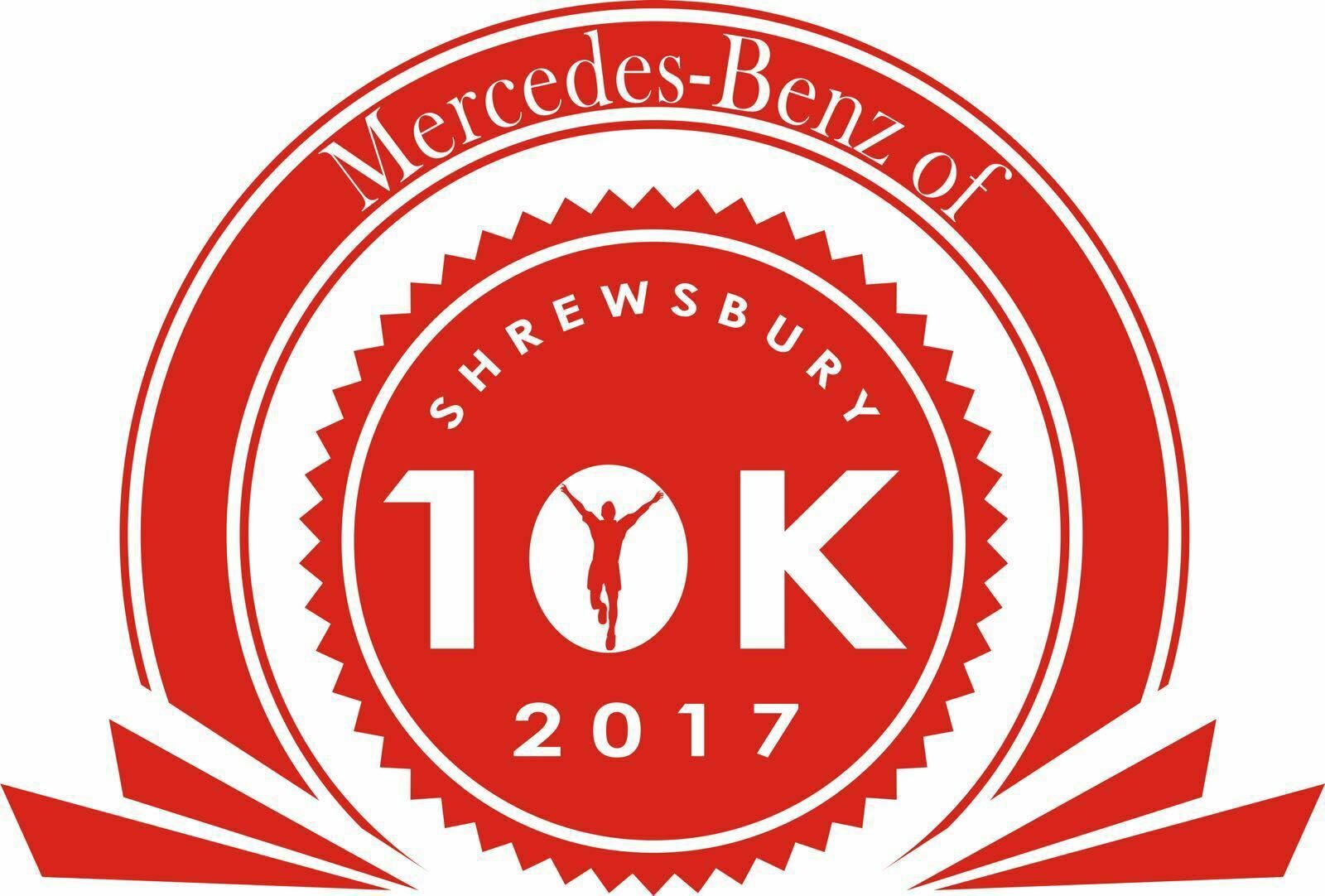 A red and white circular logo for the 2017 Mercedes-Benz of Shrewsbury 10K. The design includes a silhouette of a person running inside the "0" of "10K." White text on the red background reads "Shrewsbury" and "2017" within the circle.