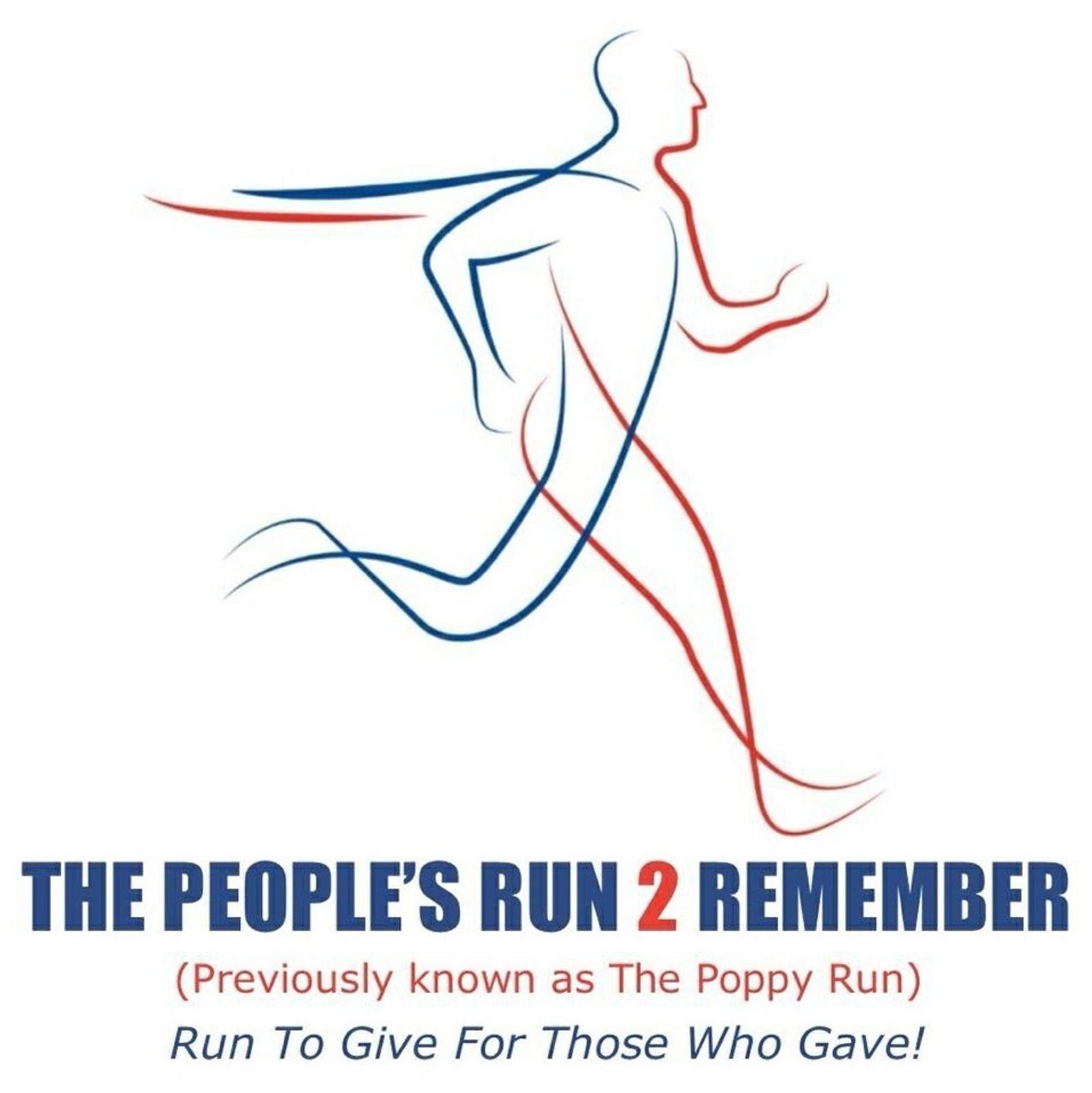 An outline of a running figure in red and blue with text beneath it. The text reads, "THE PEOPLE'S RUN 2 REMEMBER," followed by, "Previously known as The Poppy Run," and, "Run To Give For Those Who Gave!.