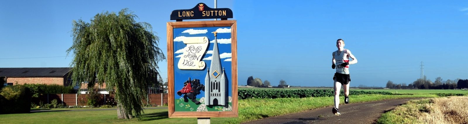A split image: the left side shows a village sign for Long Sutton featuring a church and a dragon on a blue sky backdrop, surrounded by green scenery and houses. The right side shows a person running on an empty rural path with green fields and a clear blue sky.