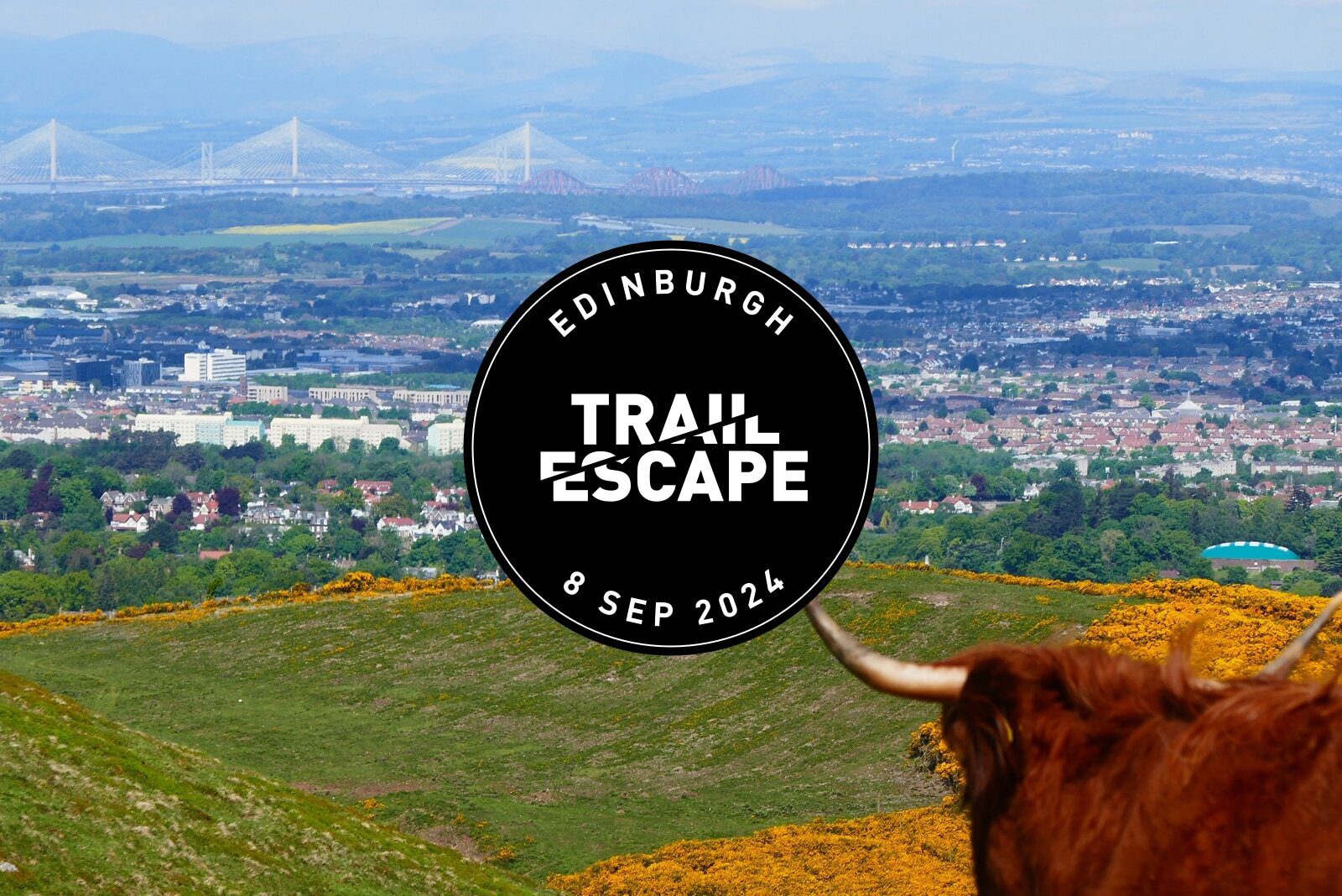 A scenic view of Edinburgh with a mix of urban and natural landscapes. A Highland cow with prominent horns stands in the foreground. In the center, a circular black emblem reads, "Edinburgh Trail Escape, 8 Sep 2024," against the backdrop of hills and the city below.
