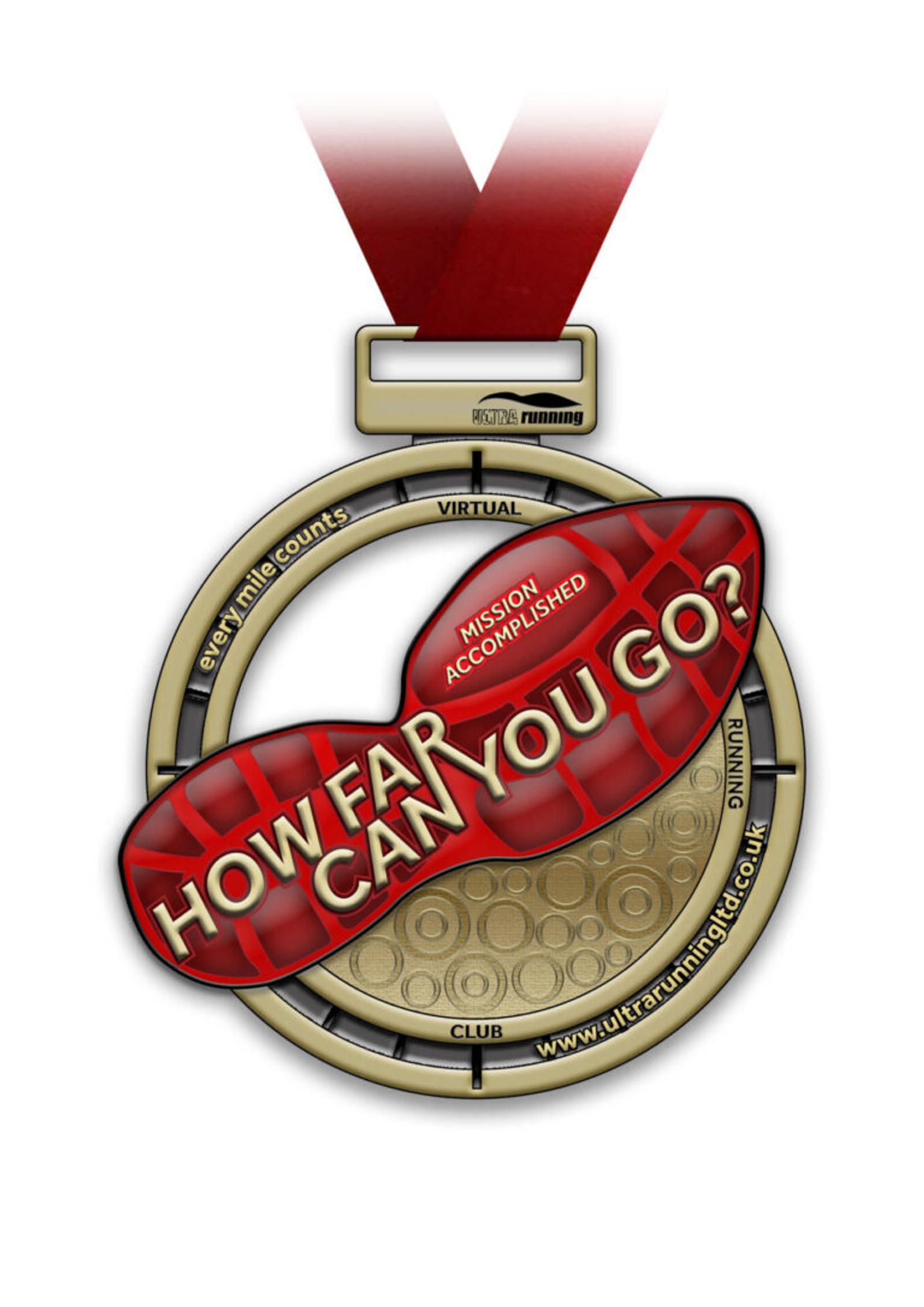 A gold medal with a red ribbon. The medal is inscribed with "VIRTUAL RUNNING CLUB" and "every Mile counts" on a circular band. A red banner across the middle reads "HOW FAR CAN YOU GO? MISSION ACCOMPLISHED," and the website "www.ultrarunning.uk" is at the bottom.