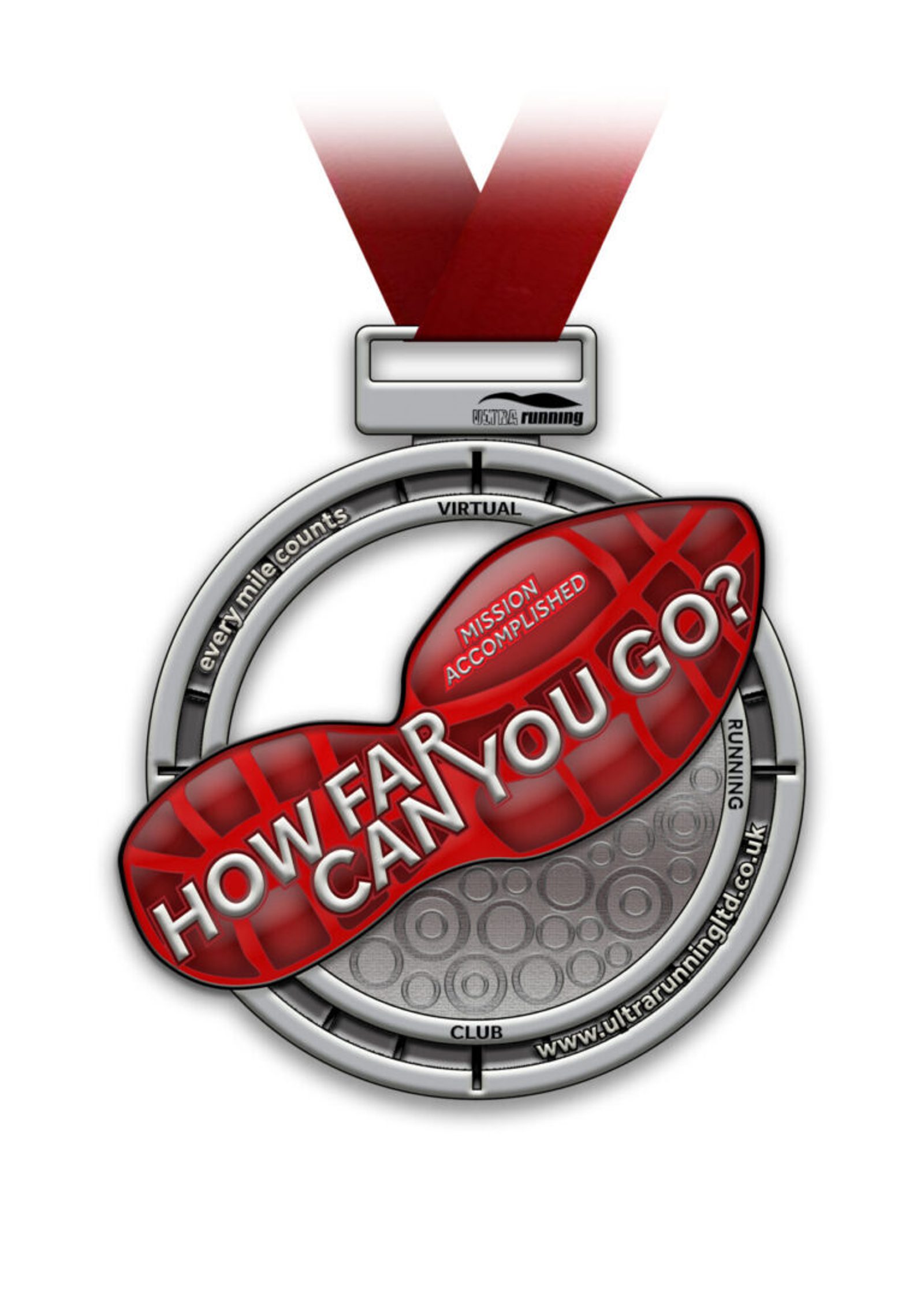 A silver medal with a red ribbon. The medal has a large red footprint in the center with the text “HOW FAR CAN YOU GO?” written across it. Above the footprint, in a small badge, it reads "MISSION ACCOMPLISHED." The text around the outer ring reads "every mile counts" and "RUNNING CLUB."
.