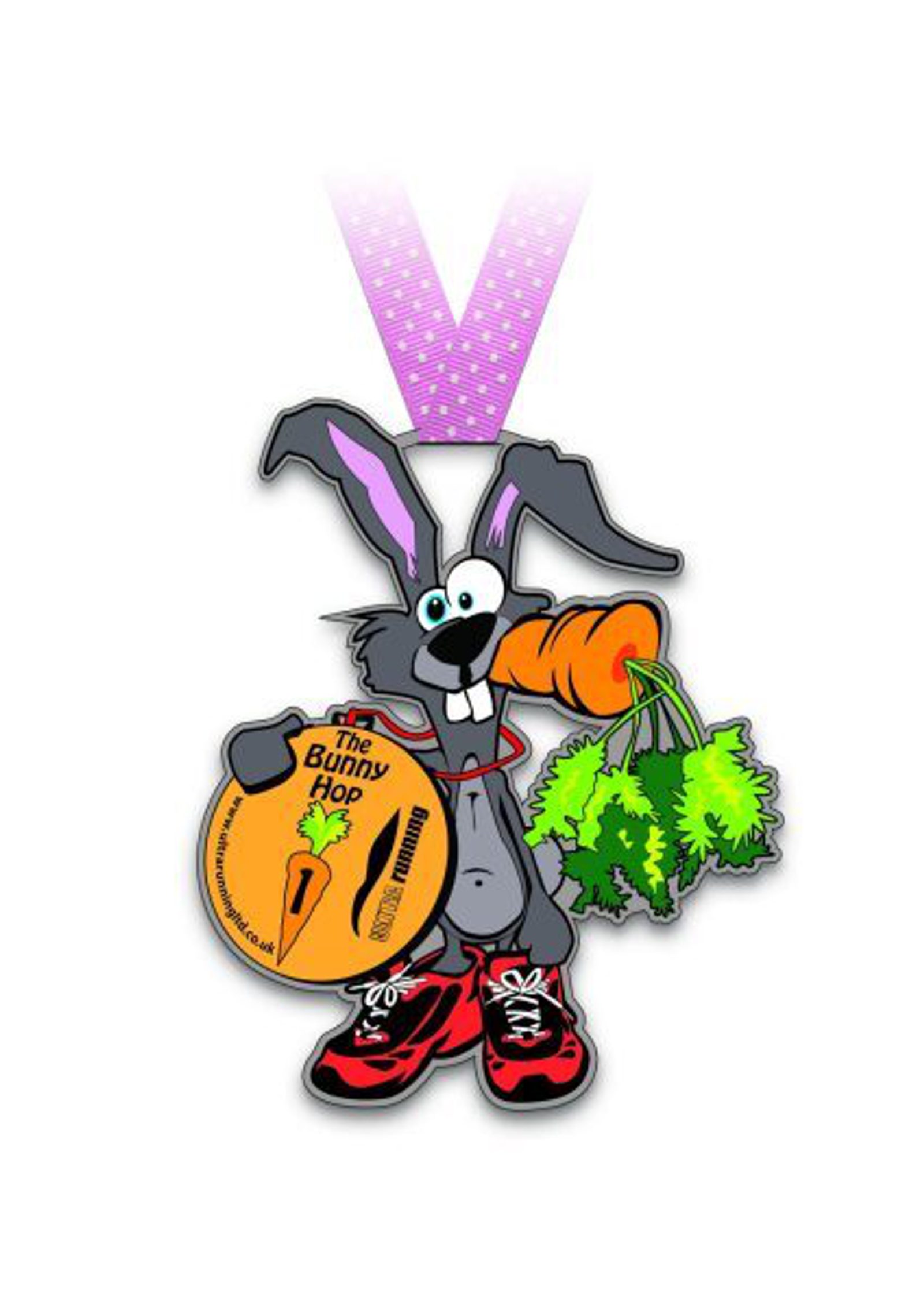 Illustration of a gray cartoon rabbit standing on its hind legs, wearing red sneakers, and holding a gold disc labeled "The Bunny Hop." The rabbit is also holding a large carrot in its mouth and a bunch of leafy greens in one paw, with a purple ribbon attached at the top.