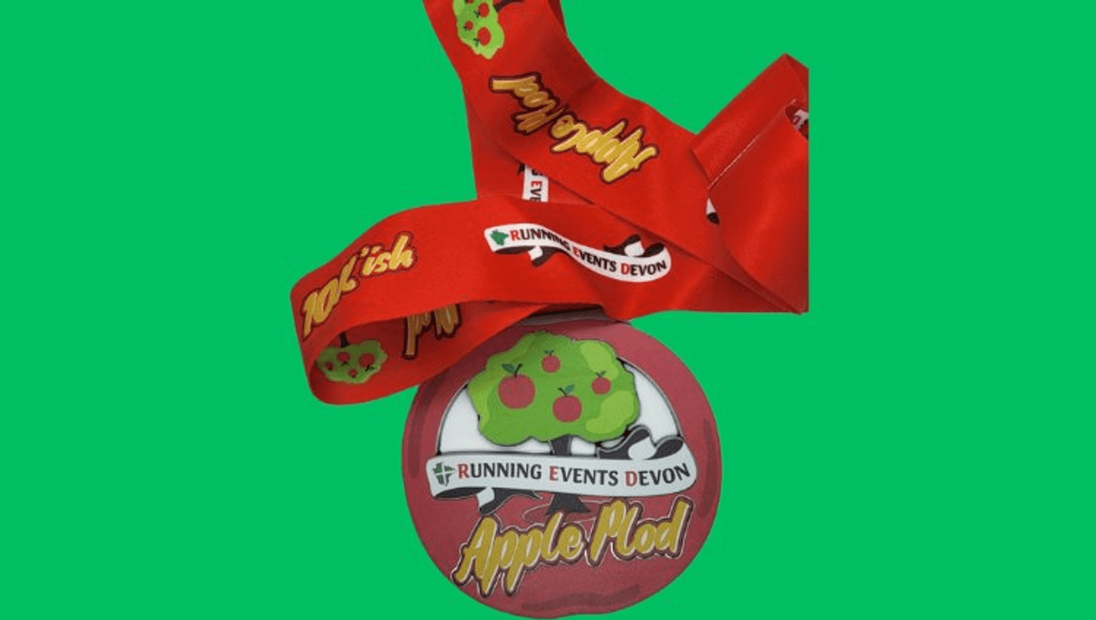 A red medal ribbon with apple graphics and the words "Apple-tastic," attached to a round medal featuring a smiling apple, the text "Running Events Devon" and "Apple-llood!", on a green background.