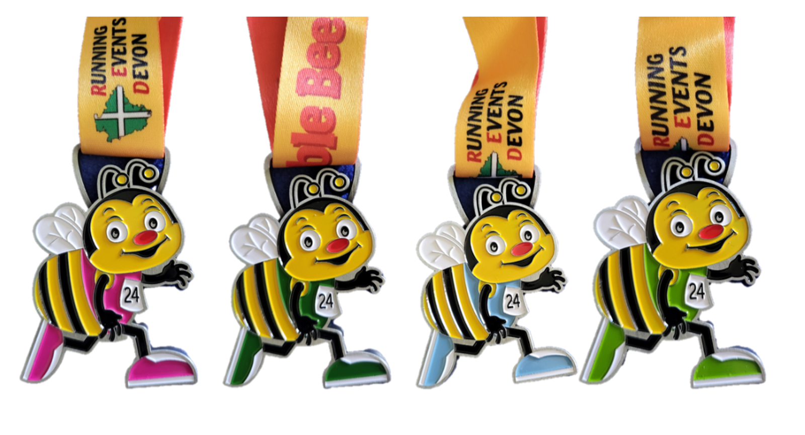 Four medals featuring a cartoon bee with white wings and striped yellow and black bodies. Each medal has different colored feet: pink, yellow, green, and blue. The ribbons read "Running Events Devon.