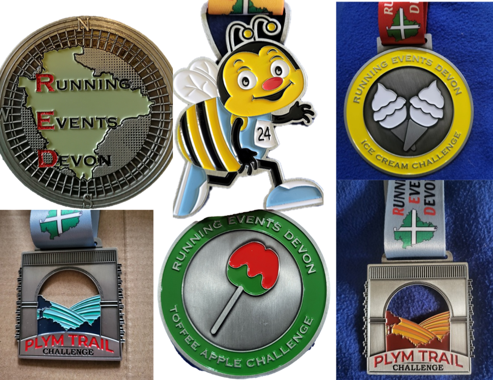 Five medals from Running Events Devon: a bee-themed marathon, an ice cream challenge, a Plym Trail event with trees, a toffee apple challenge, and another Plym Trail event with a bridge. Each medal has unique designs and ribbons.