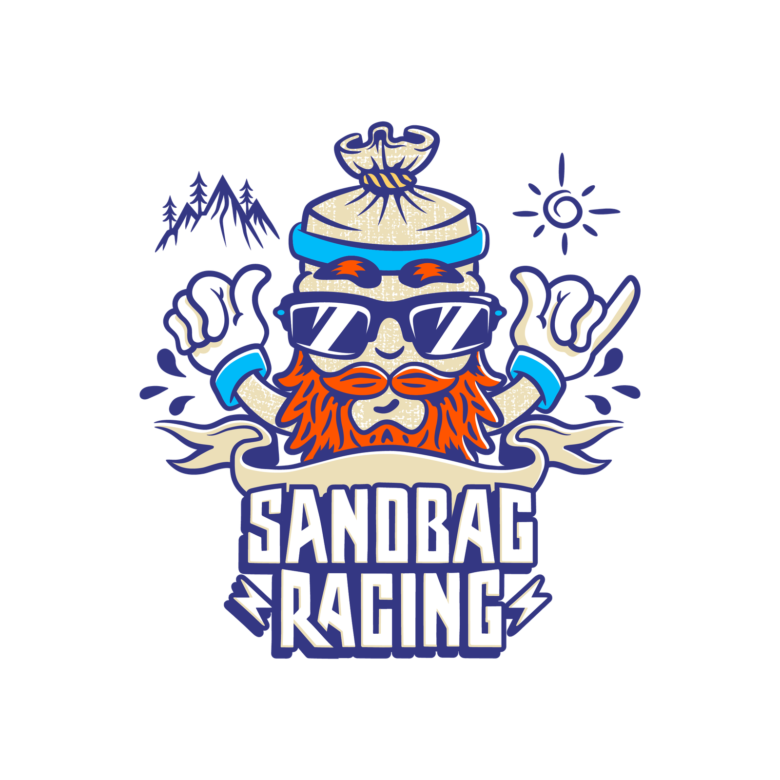 Cartoon logo of a bearded man with sunglasses and headband, styled like a sandbag. He’s giving a double shaka sign. “Sandbag Racing” is written in bold, stylized text below. Background includes mountains, trees, and the sun.