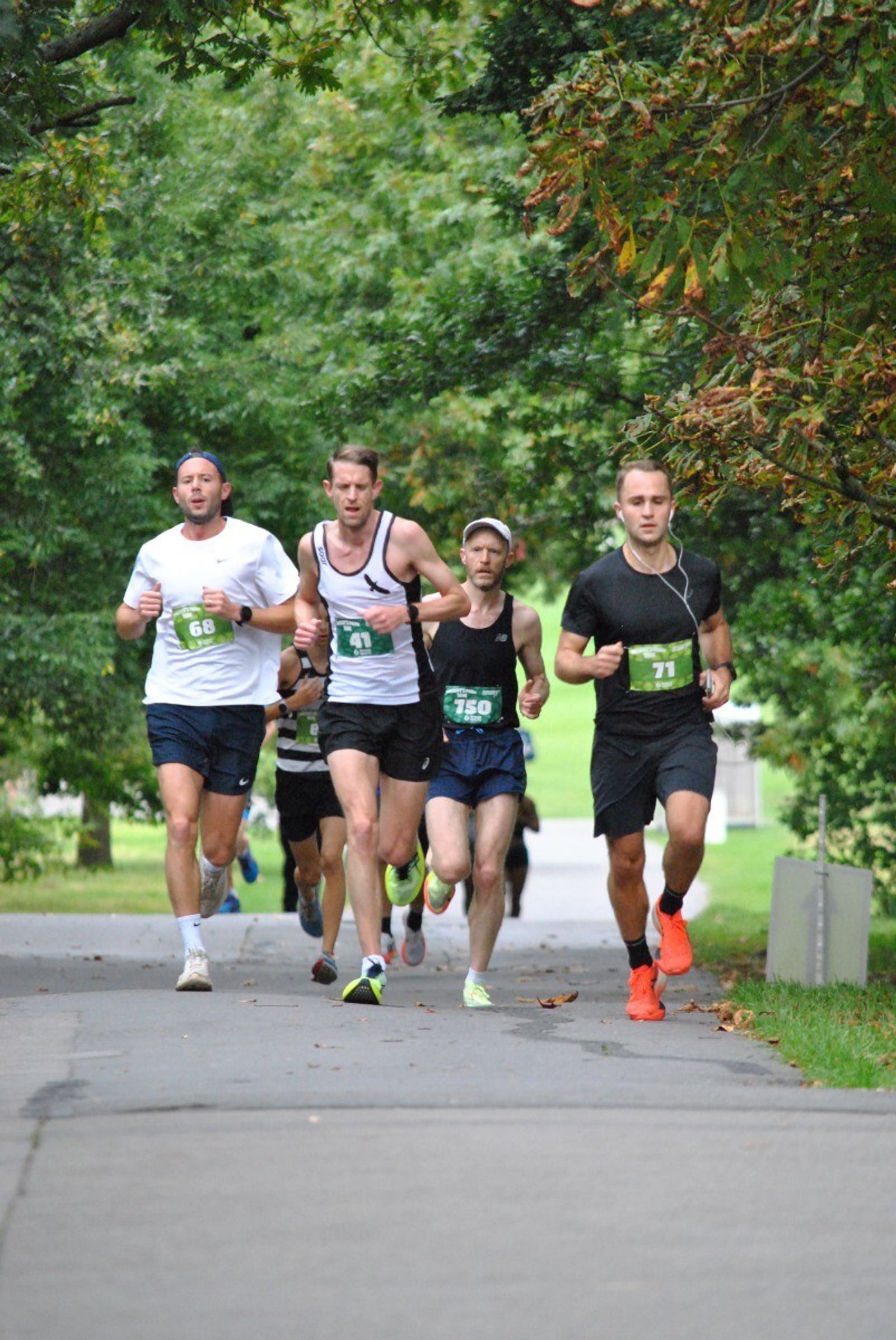 Four men are running on a paved path in a park, surrounded by lush green trees. They wear numbered race bibs and casual athletic gear. Some runners are in the background, and the scene is bright and lively.