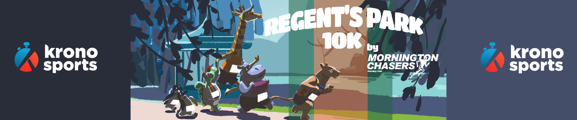 A vibrant cartoon banner depicts various animals, including a giraffe, lion, and rhinoceros, enthusiastically running. Text reads: "Regent's Park 10K by Mornington Chasers." The logos of the event sponsor, Krono Sports, appear on both sides of the banner.