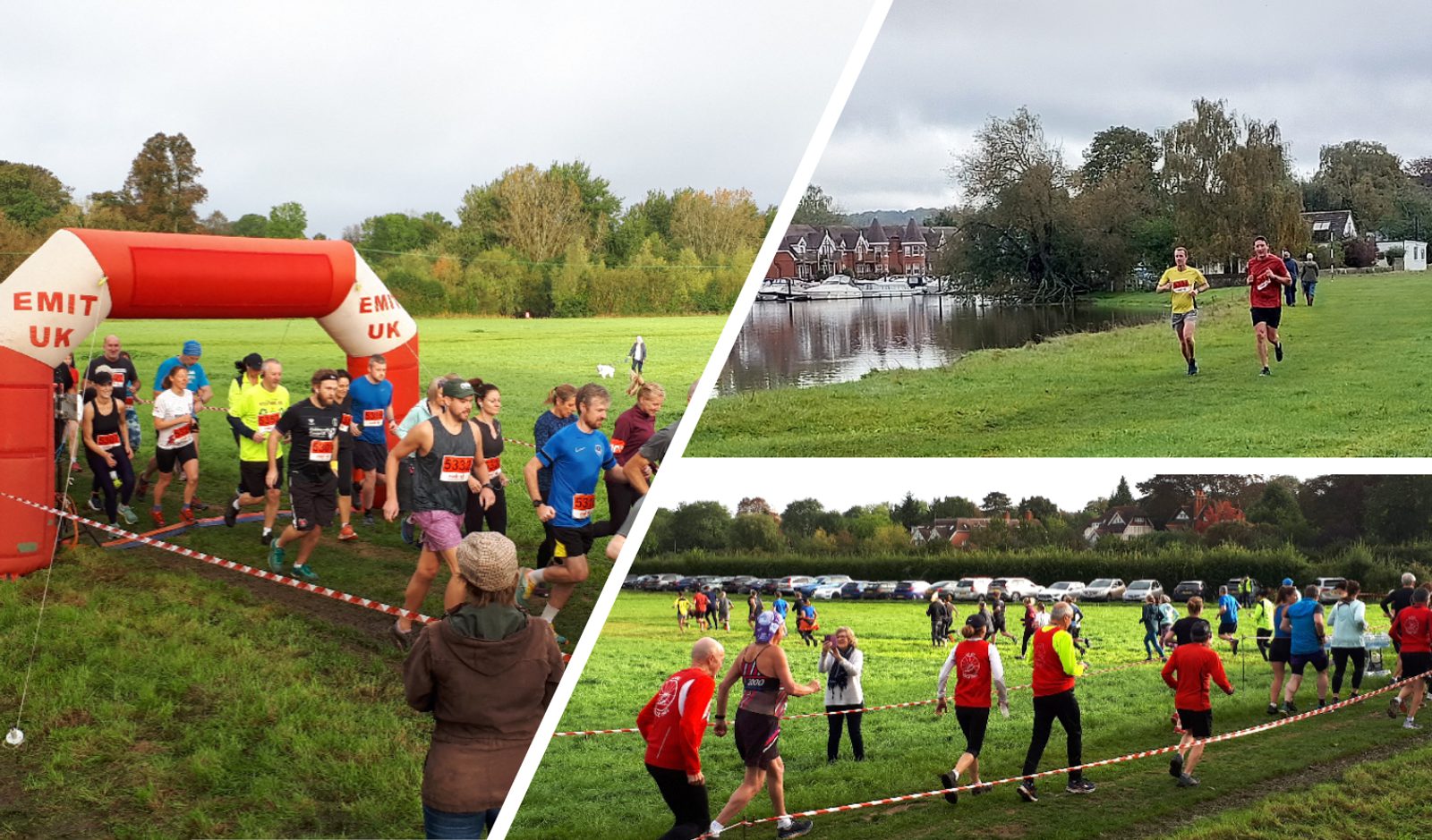 Three scenes from a running event: a large group of runners starting the race under an inflatable arch, two runners competing by a lake, and a crowd of runners and supporters with car parking in the background. The event takes place in a grassy area on a cloudy day.